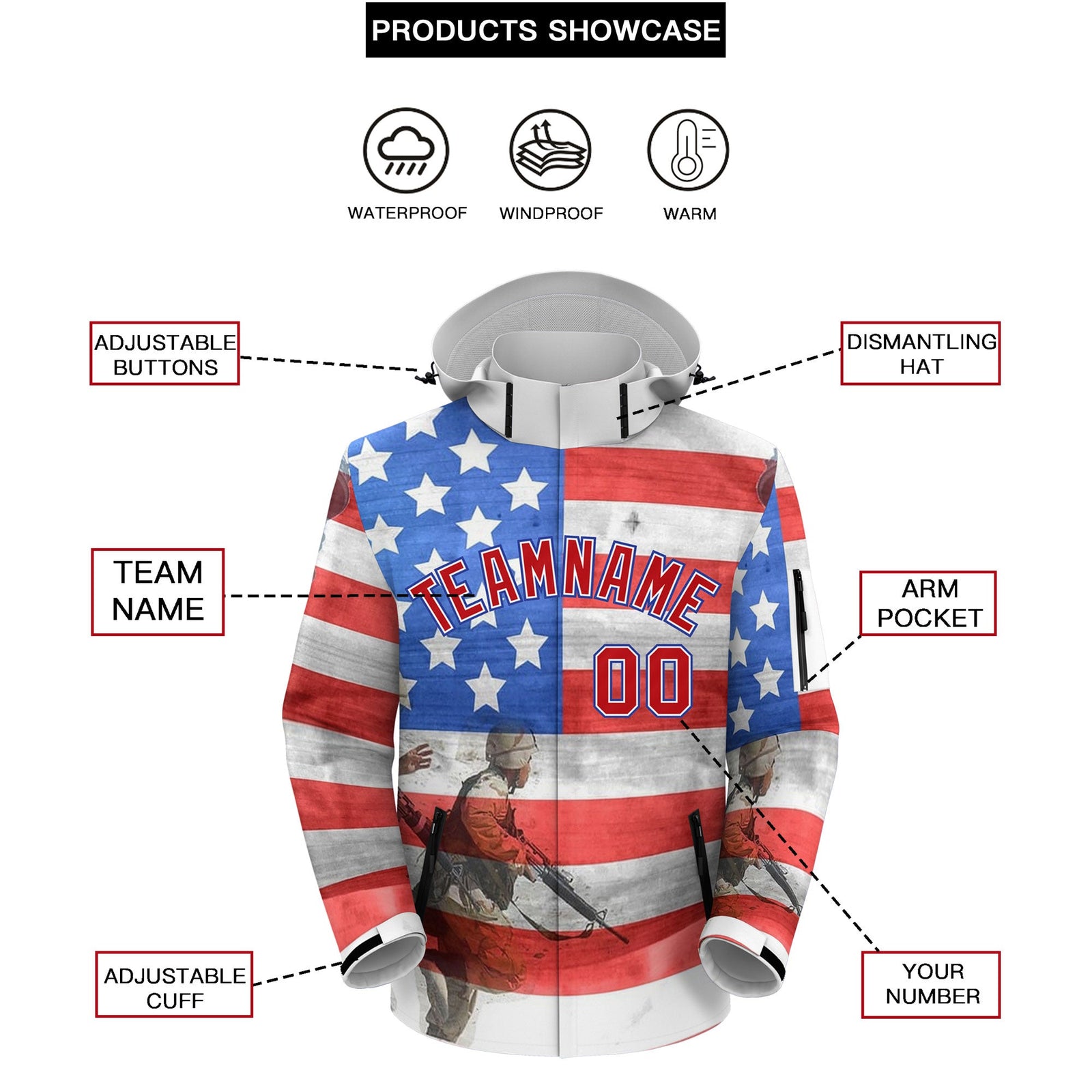 Custom Grey Independence Day American Flag Waterproof Jacket| KXKSHOP