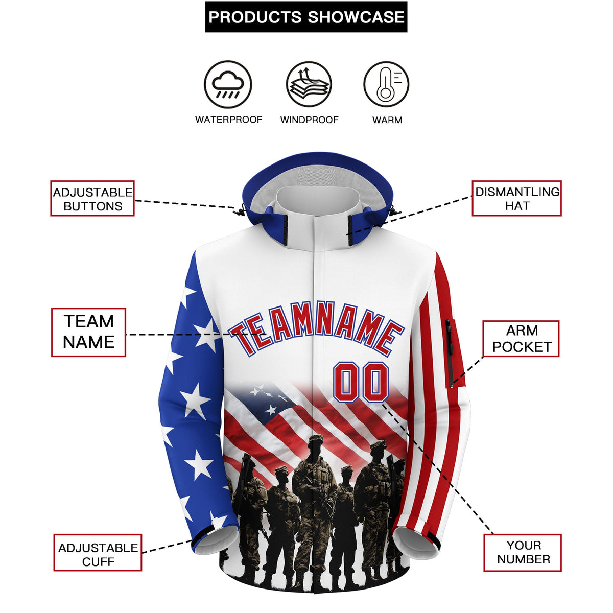 Custom White Red Independence Day American Flag Waterproof Jacket| KXKSHOP