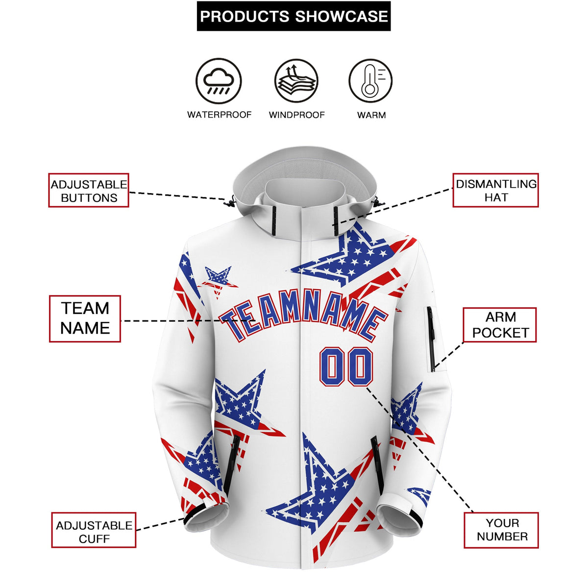 Custom White Royal Blue Red Independence Day American Flag Waterproof Jacket| KXKSHOP