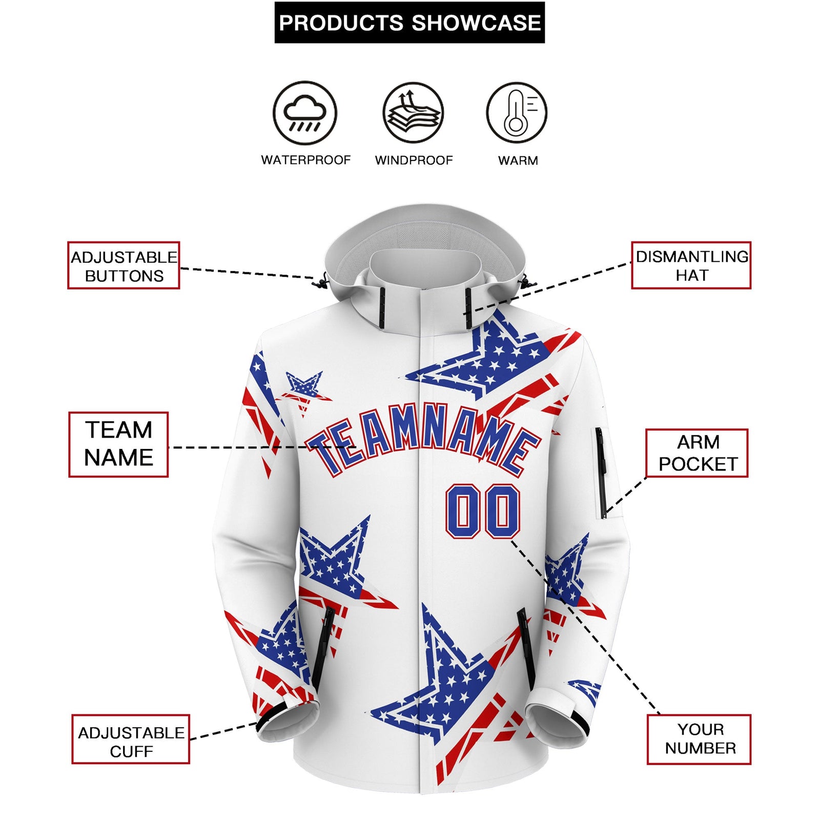 Custom White Royal Blue Red Independence Day American Flag Waterproof Jacket| KXKSHOP