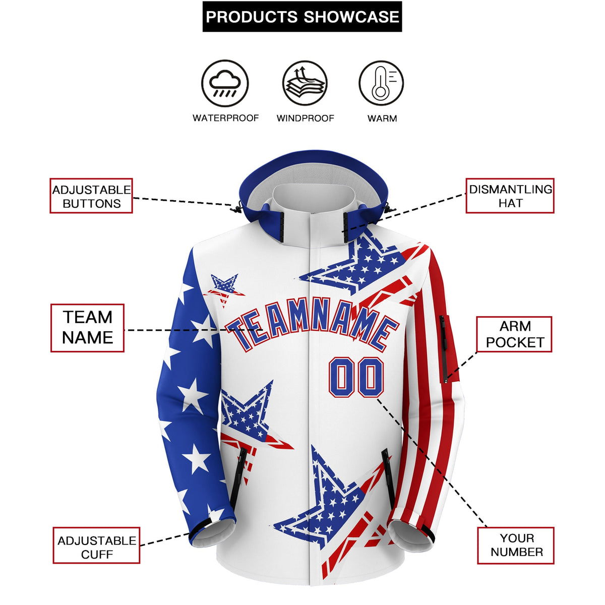 Custom White Royal Blue Red Independence Day American Flag Waterproof Jacket| KXKSHOP
