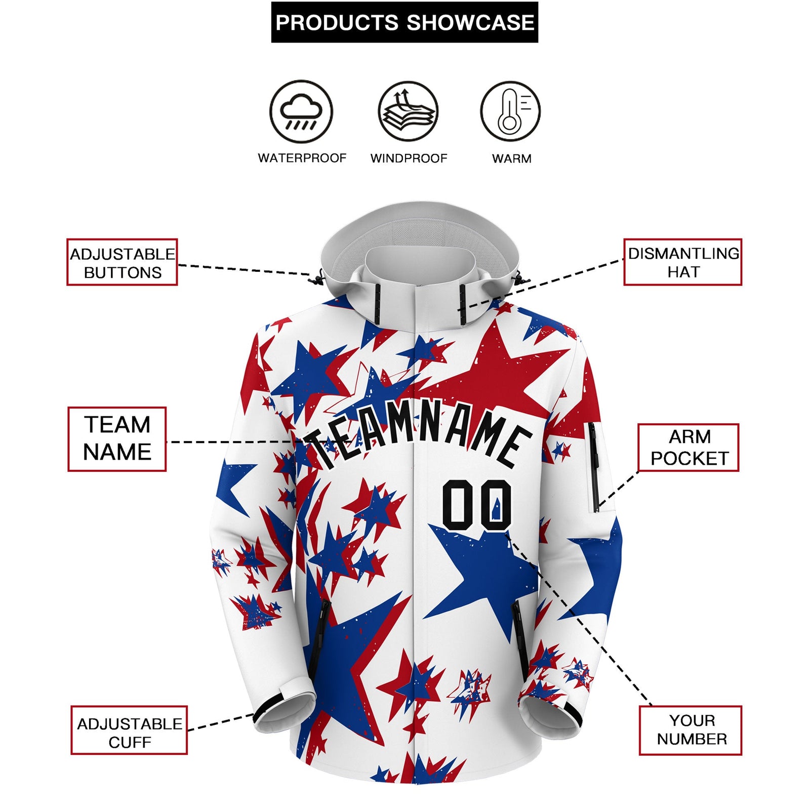 Custom White Royal Blue Red Independence Day American Flag Waterproof Jacket| KXKSHOP