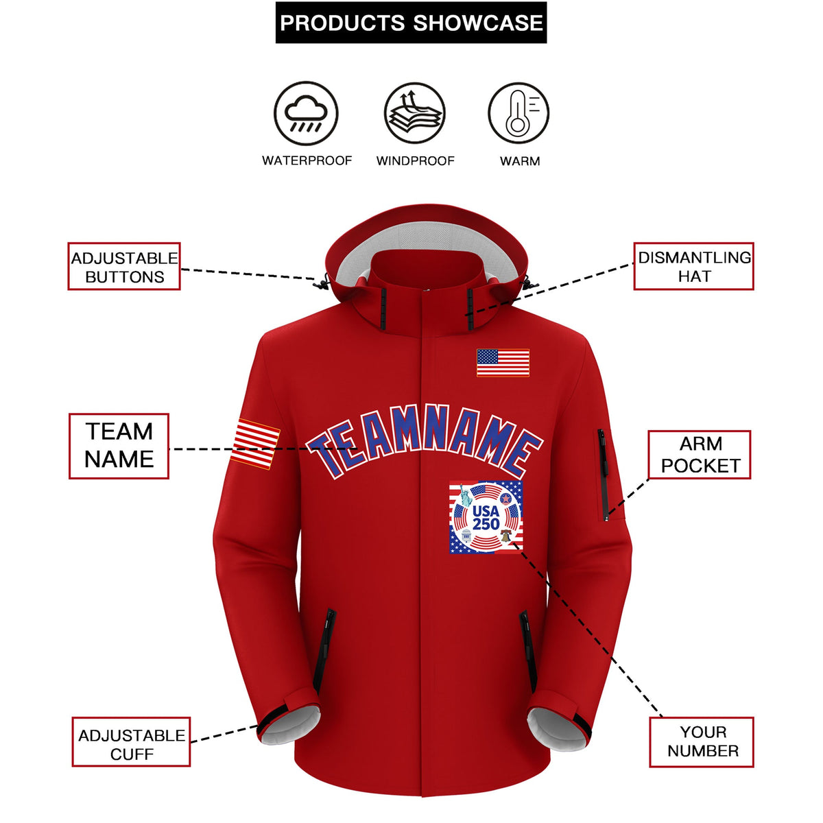 Custom Red Independence Day American Flag Waterproof Jacket| KXKSHOP
