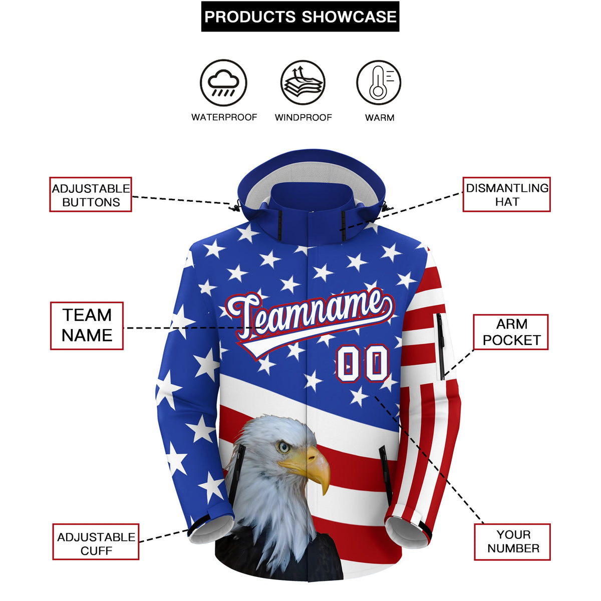 Custom White Red Royal Blue Independence Day American Flag Waterproof Jacket| KXKSHOP