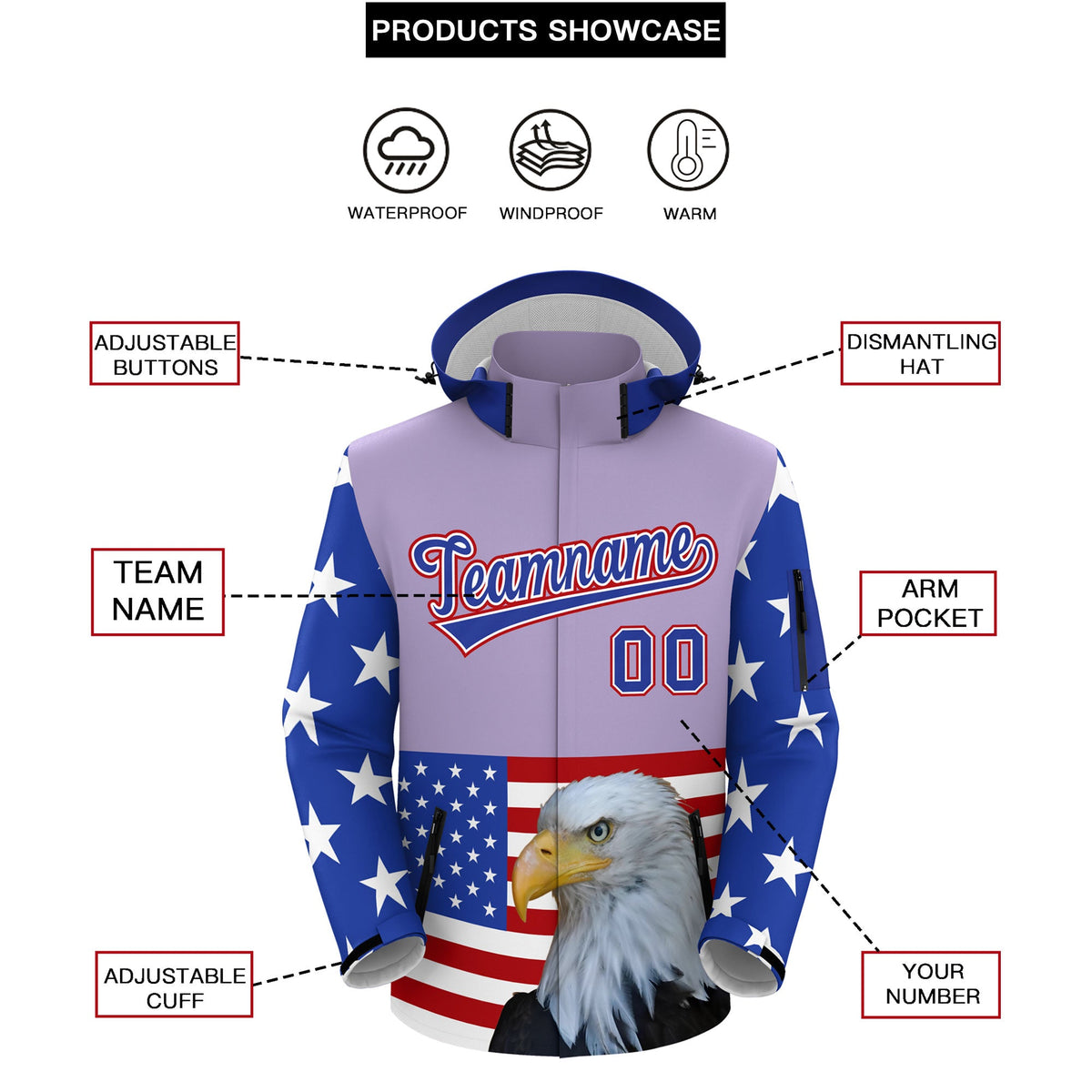 Custom Light Purple White Independence Day American Flag Waterproof Jacket| KXKSHOP