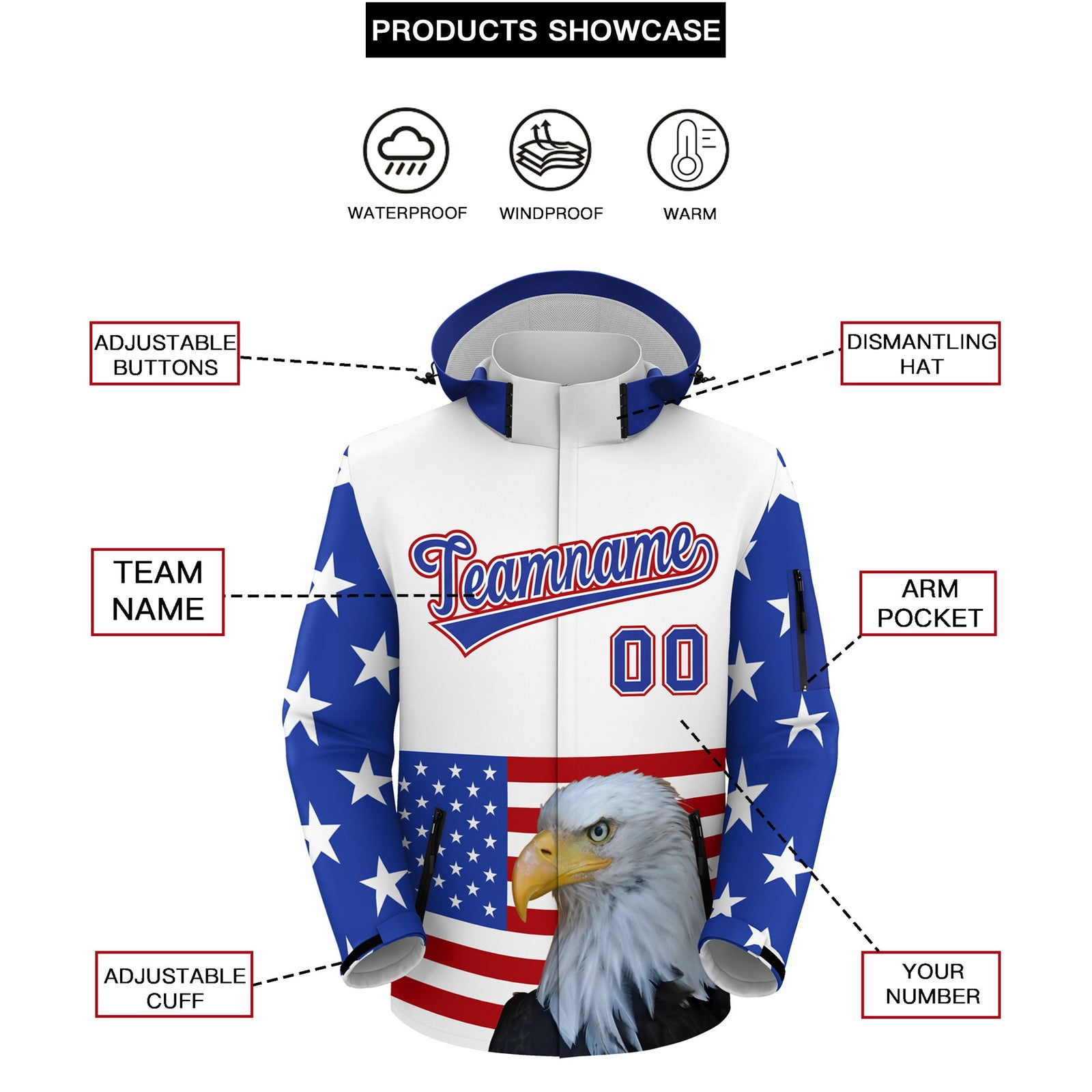 Custom White Independence Day American Flag Waterproof Jacket| KXKSHOP