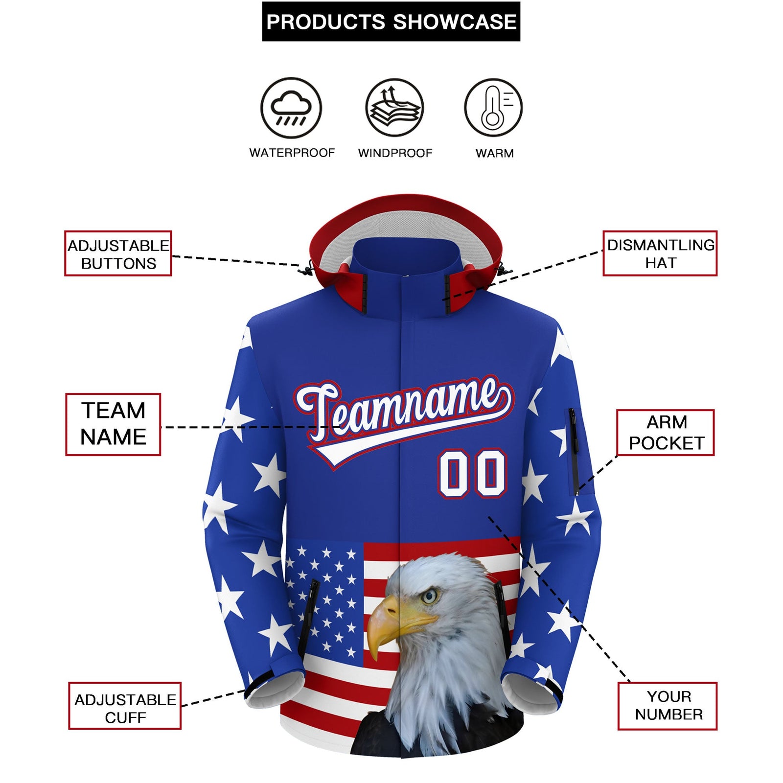 Custom Royal Blue White Independence Day American Flag Waterproof Jacket| KXKSHOP