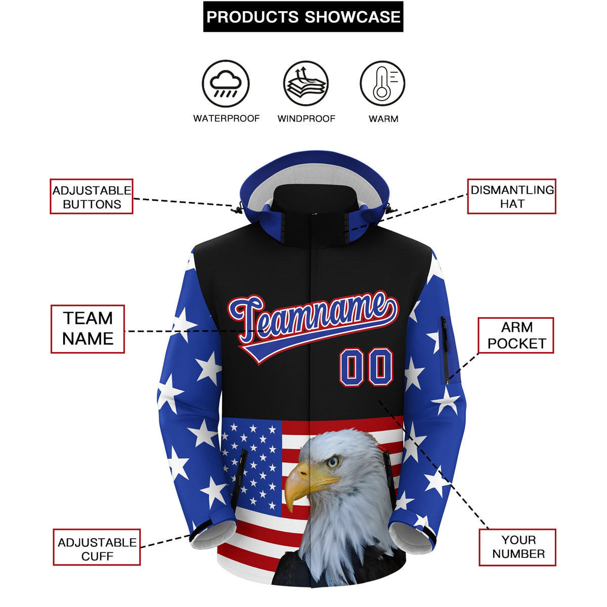 Custom Black White Independence Day American Flag Waterproof Jacket| KXKSHOP