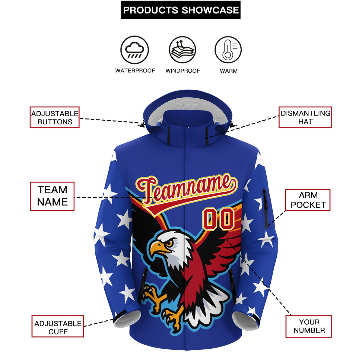Custom Royal Blue White Independence Day American Flag Waterproof Jacket| KXKSHOP