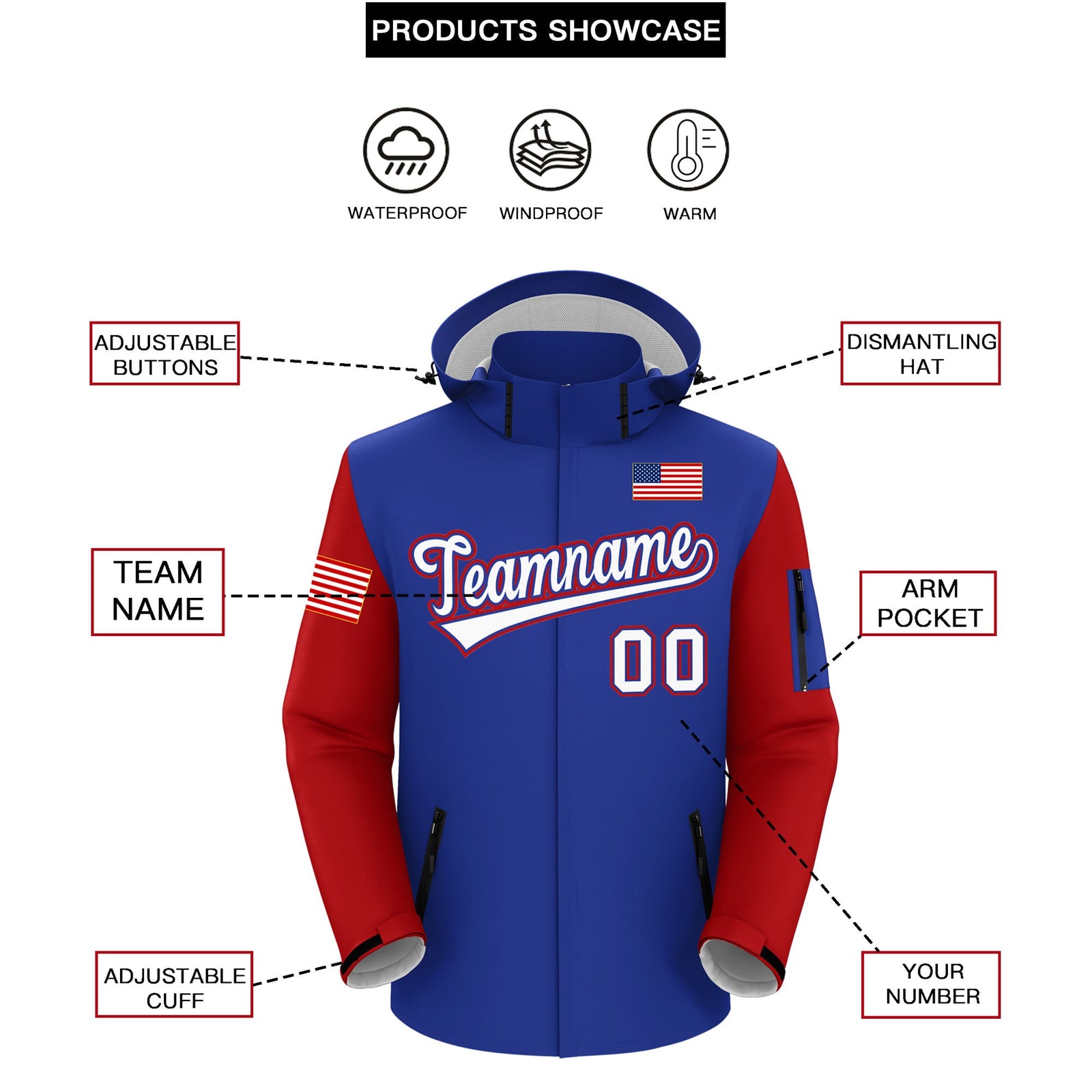 Custom Royal Blue Independence Day American Flag Waterproof Jacket| KXKSHOP