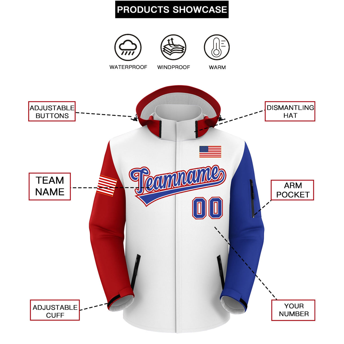 Custom White Royal Blue Independence Day American Flag Waterproof Jacket| KXKSHOP