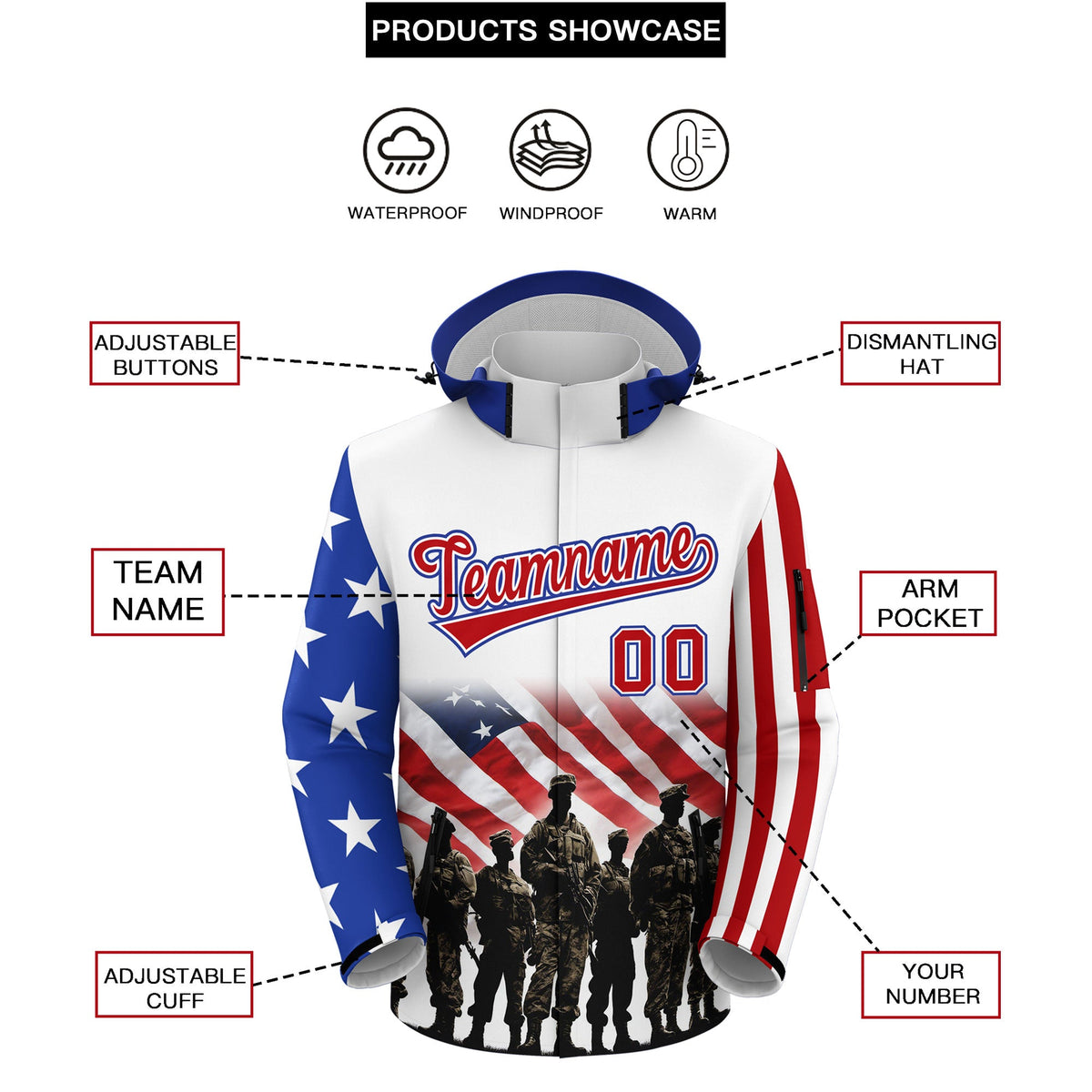 Custom White Red Independence Day American Flag Waterproof Jacket| KXKSHOP
