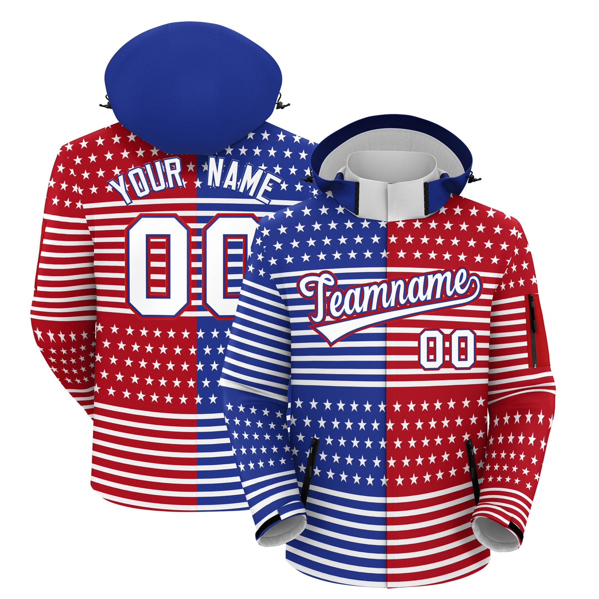 Custom Red Royal Blue White Independence Day American Flag Waterproof Jacket| KXKSHOP