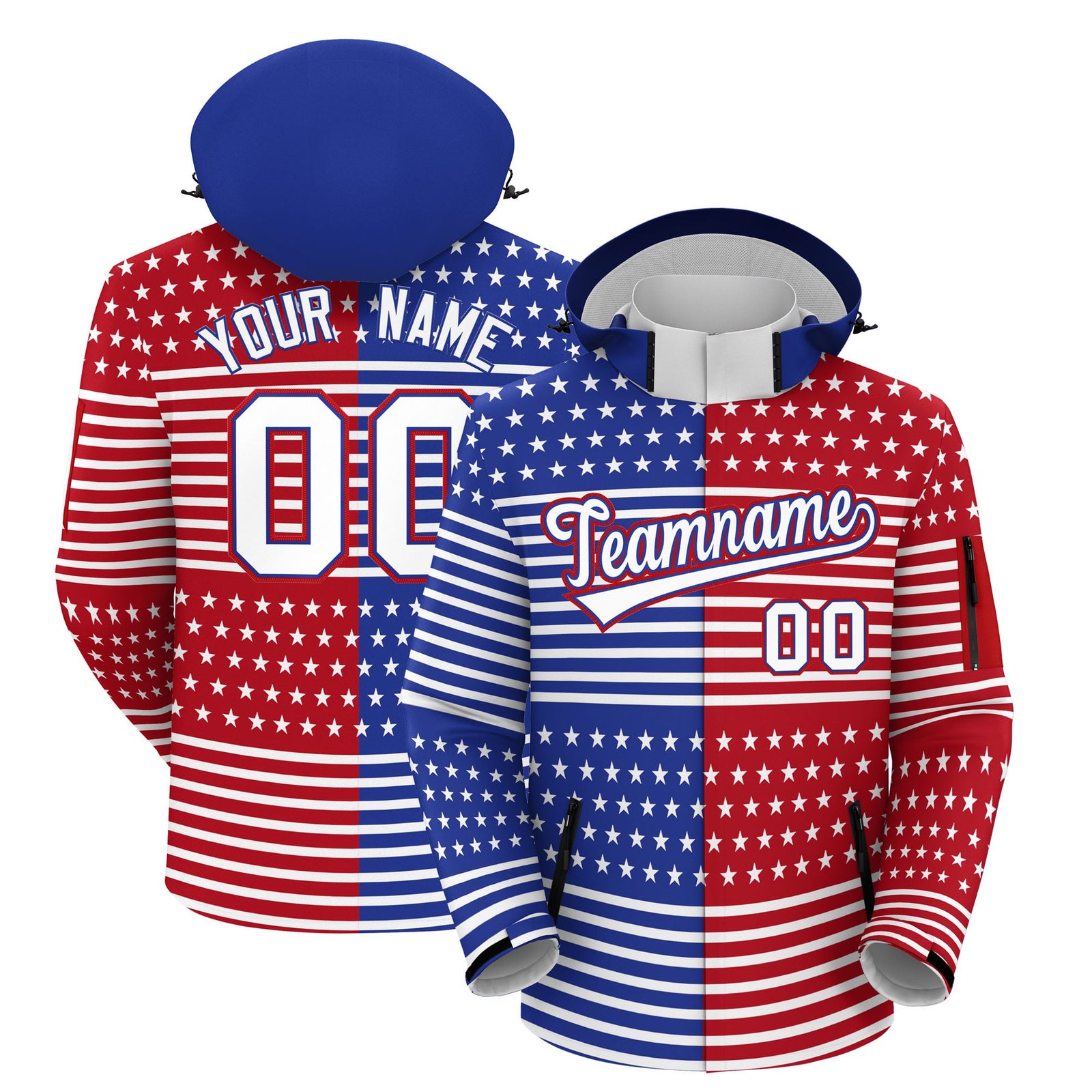 Custom Red Royal Blue White Independence Day American Flag Waterproof Jacket| KXKSHOP