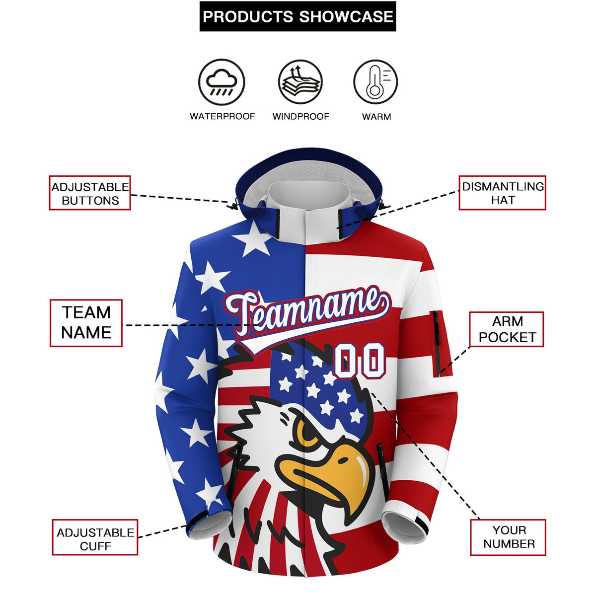 Custom Royal Blue White Red Independence Day American Flag Waterproof Jacket| KXKSHOP