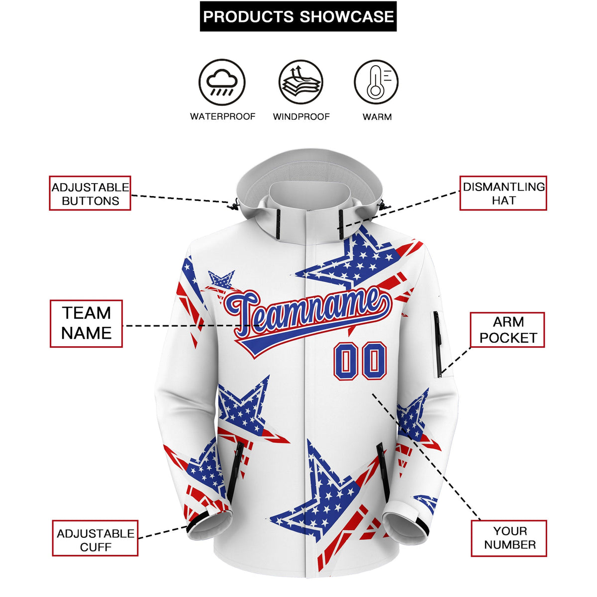 Custom White Royal Blue Red Independence Day American Flag Waterproof Jacket| KXKSHOP