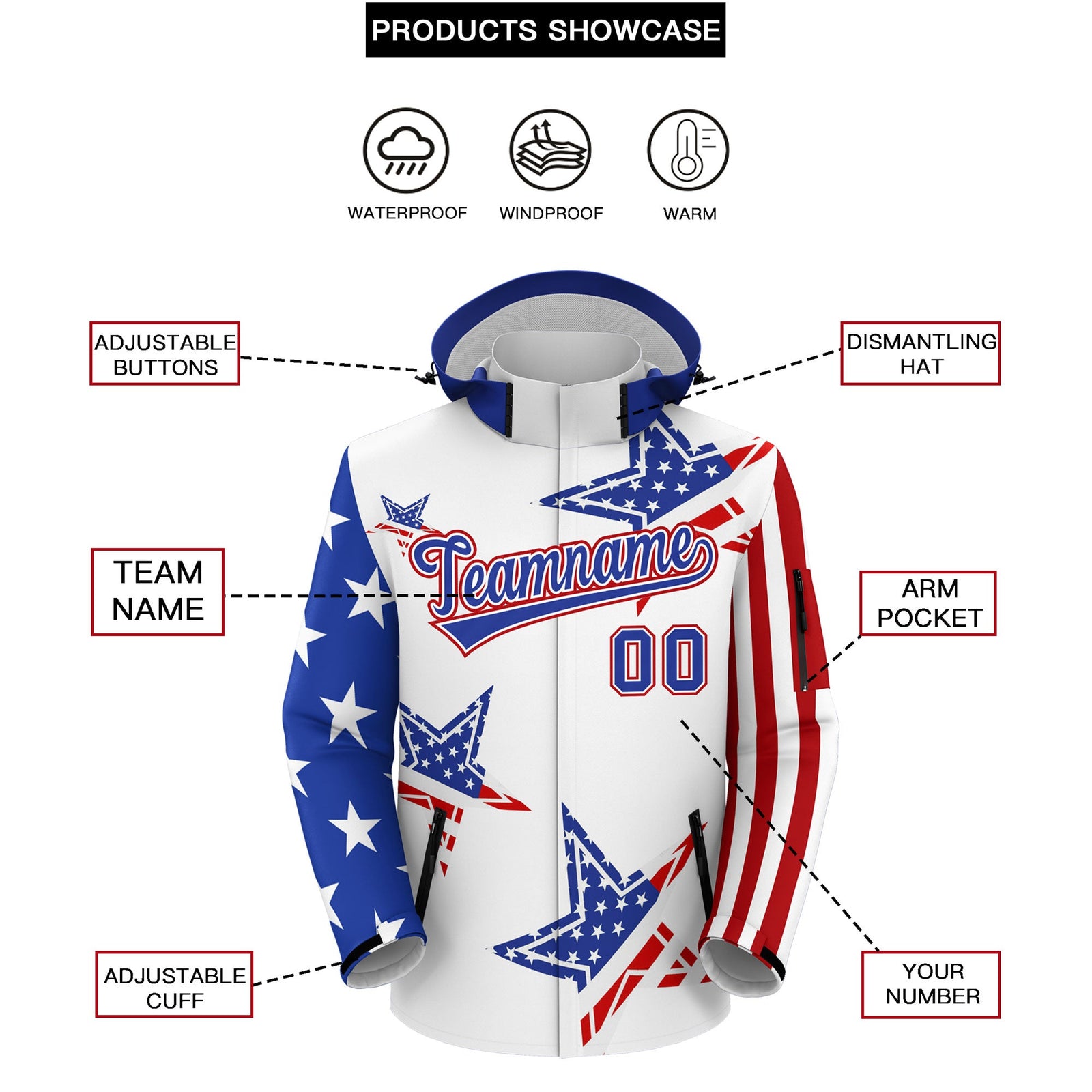Custom White Royal Blue Red Independence Day American Flag Waterproof Jacket| KXKSHOP