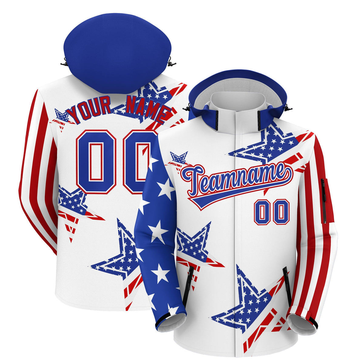 Custom White Royal Blue Red Independence Day American Flag Waterproof Jacket| KXKSHOP
