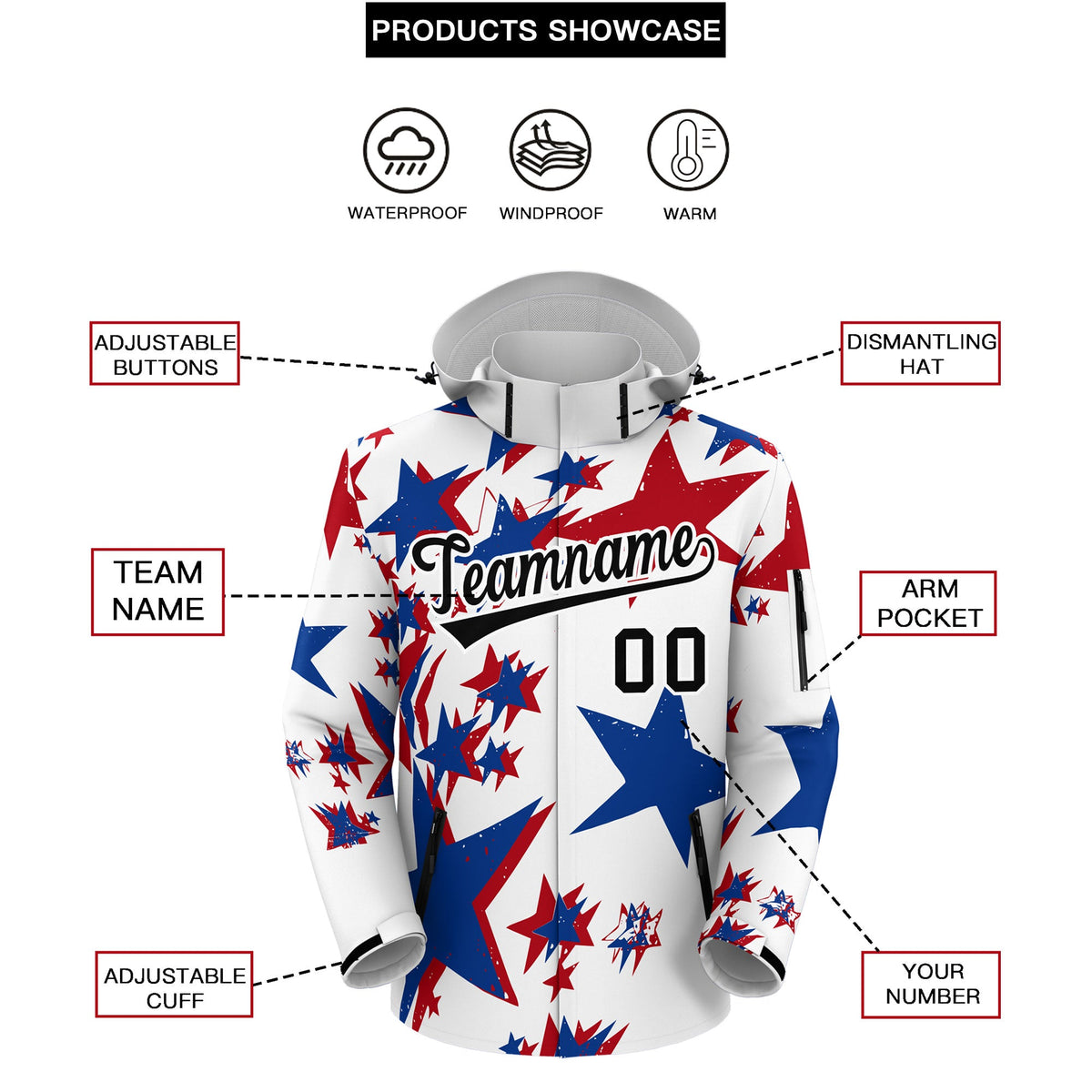 Custom White Royal Blue Red Independence Day American Flag Waterproof Jacket| KXKSHOP