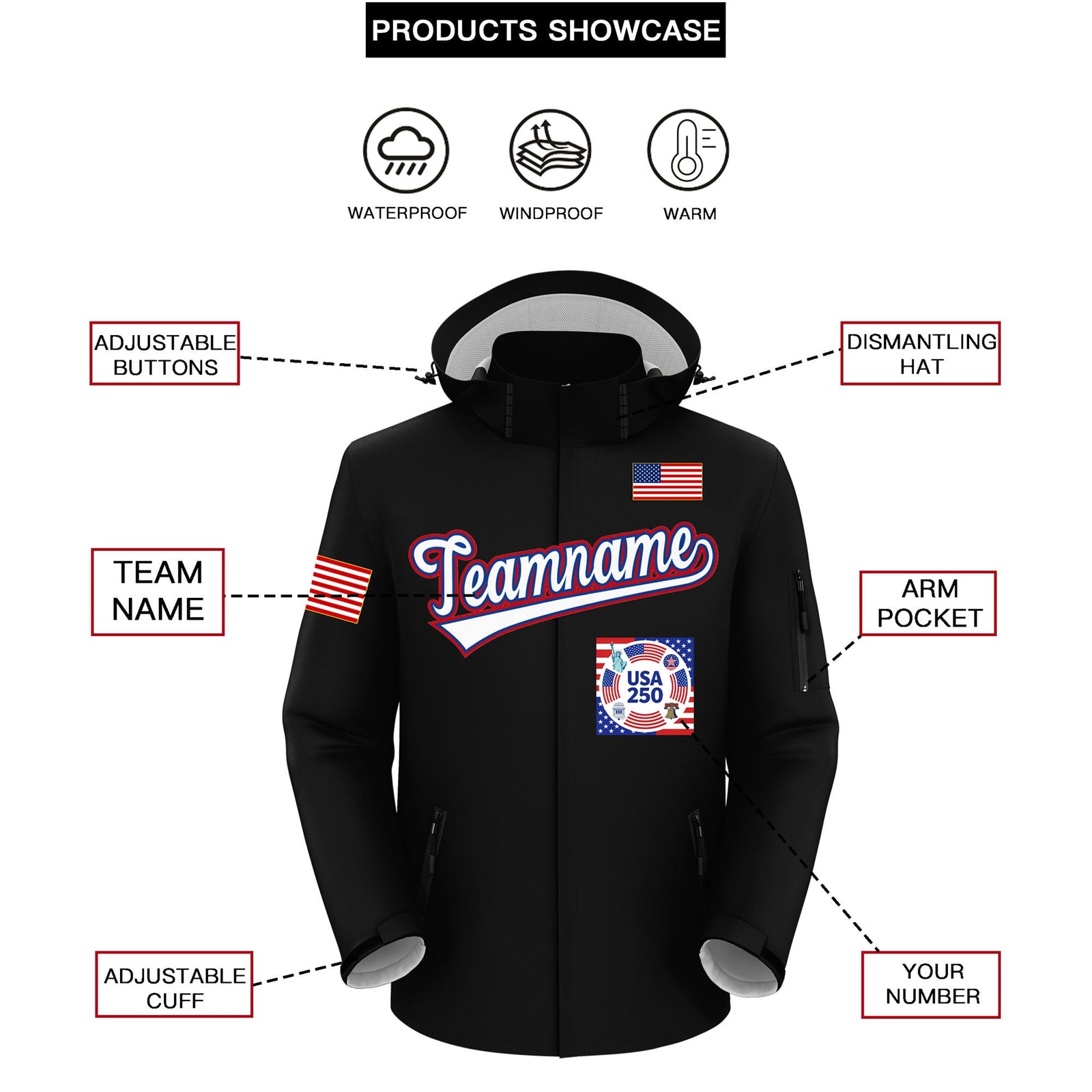 Custom Black Independence Day American Flag Waterproof Jacket| KXKSHOP