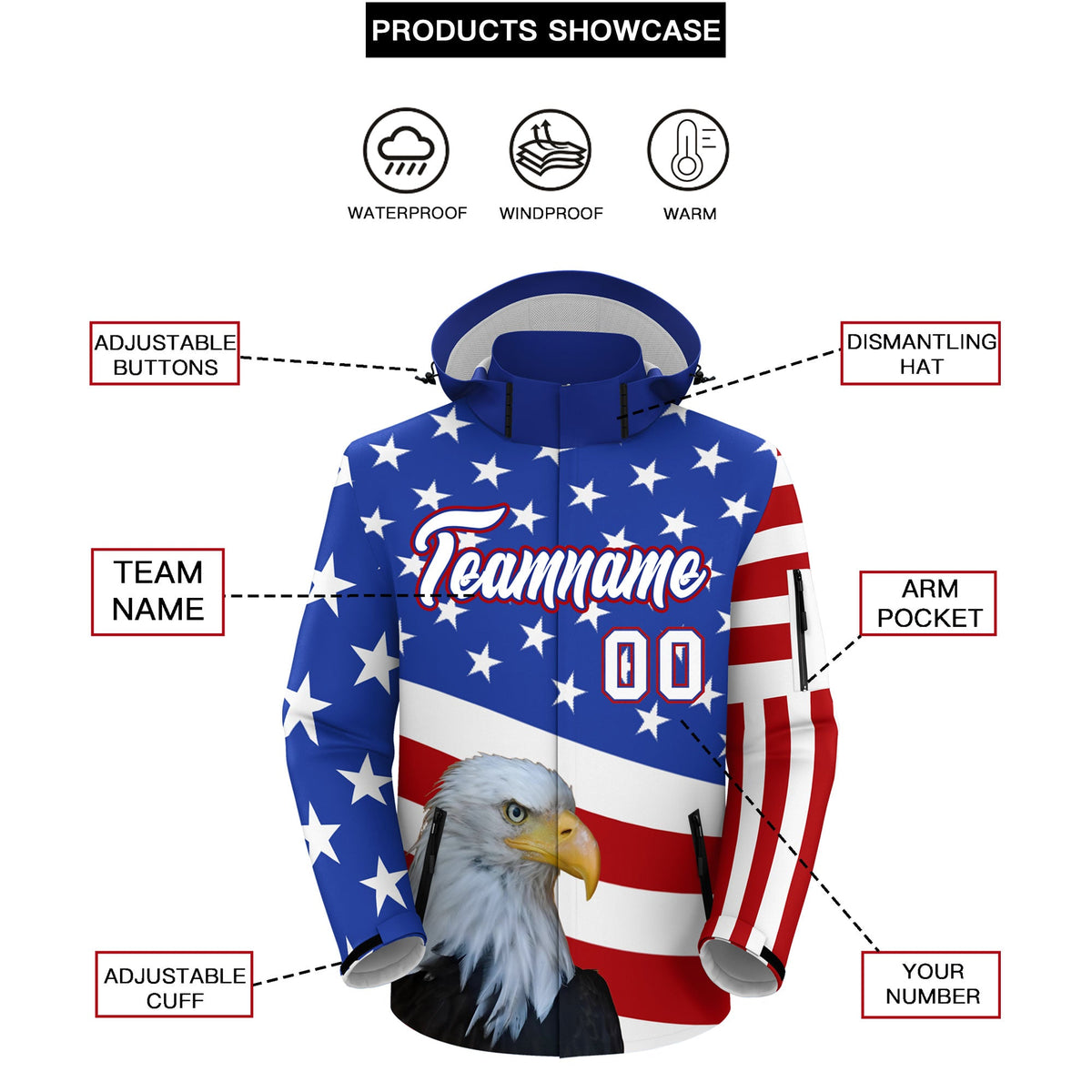 Custom White Red Royal Blue Independence Day American Flag Waterproof Jacket| KXKSHOP
