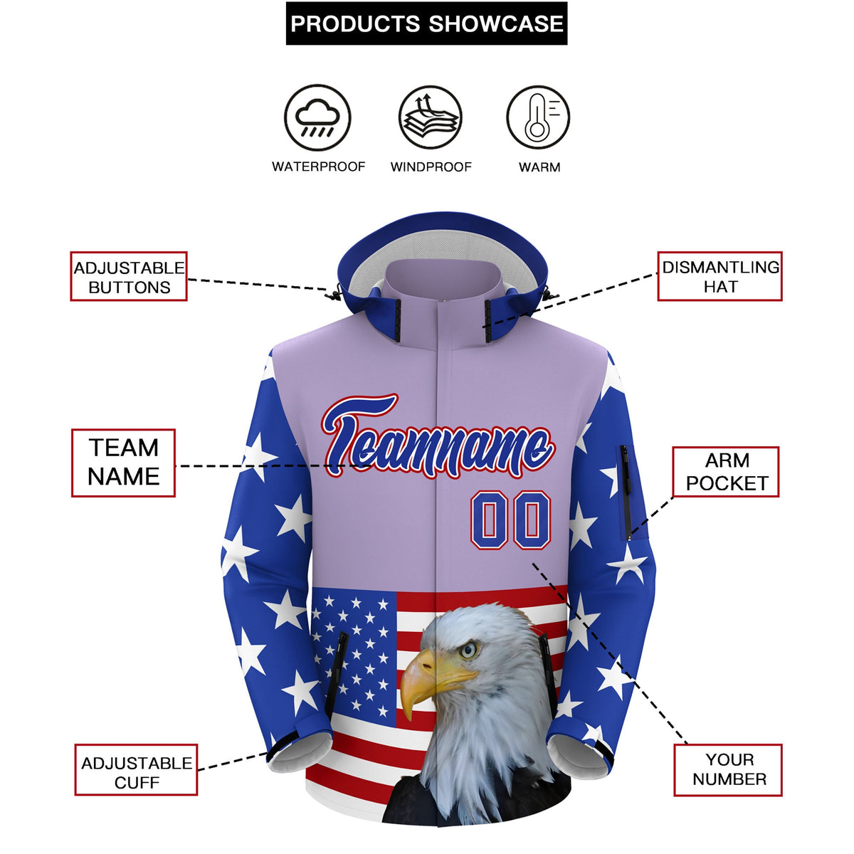 Custom Light Purple White Independence Day American Flag Waterproof Jacket| KXKSHOP