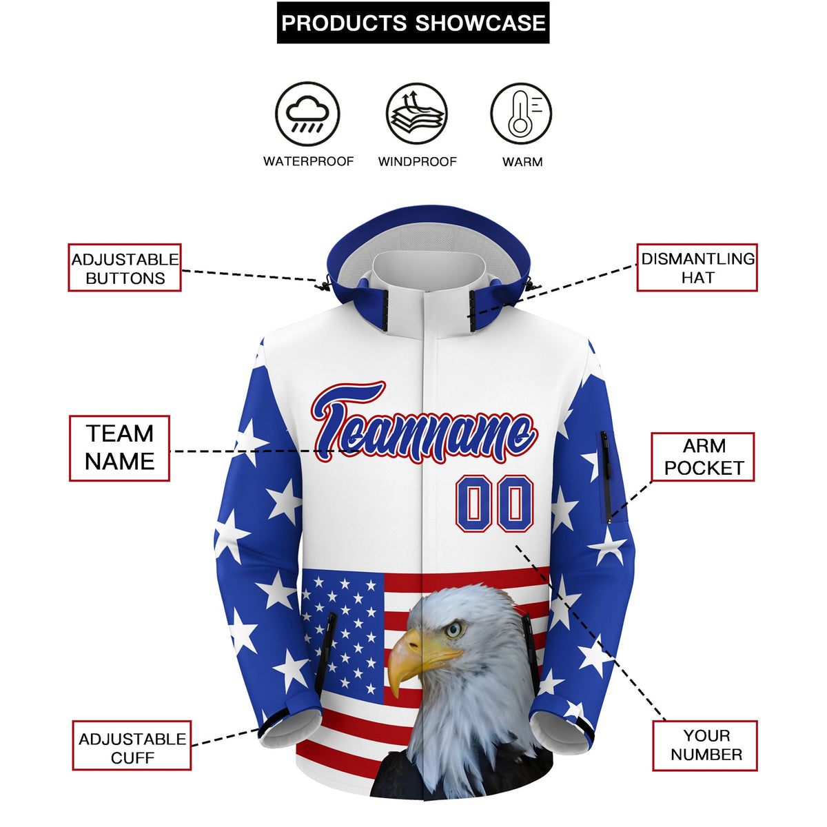 Custom White Independence Day American Flag Waterproof Jacket| KXKSHOP