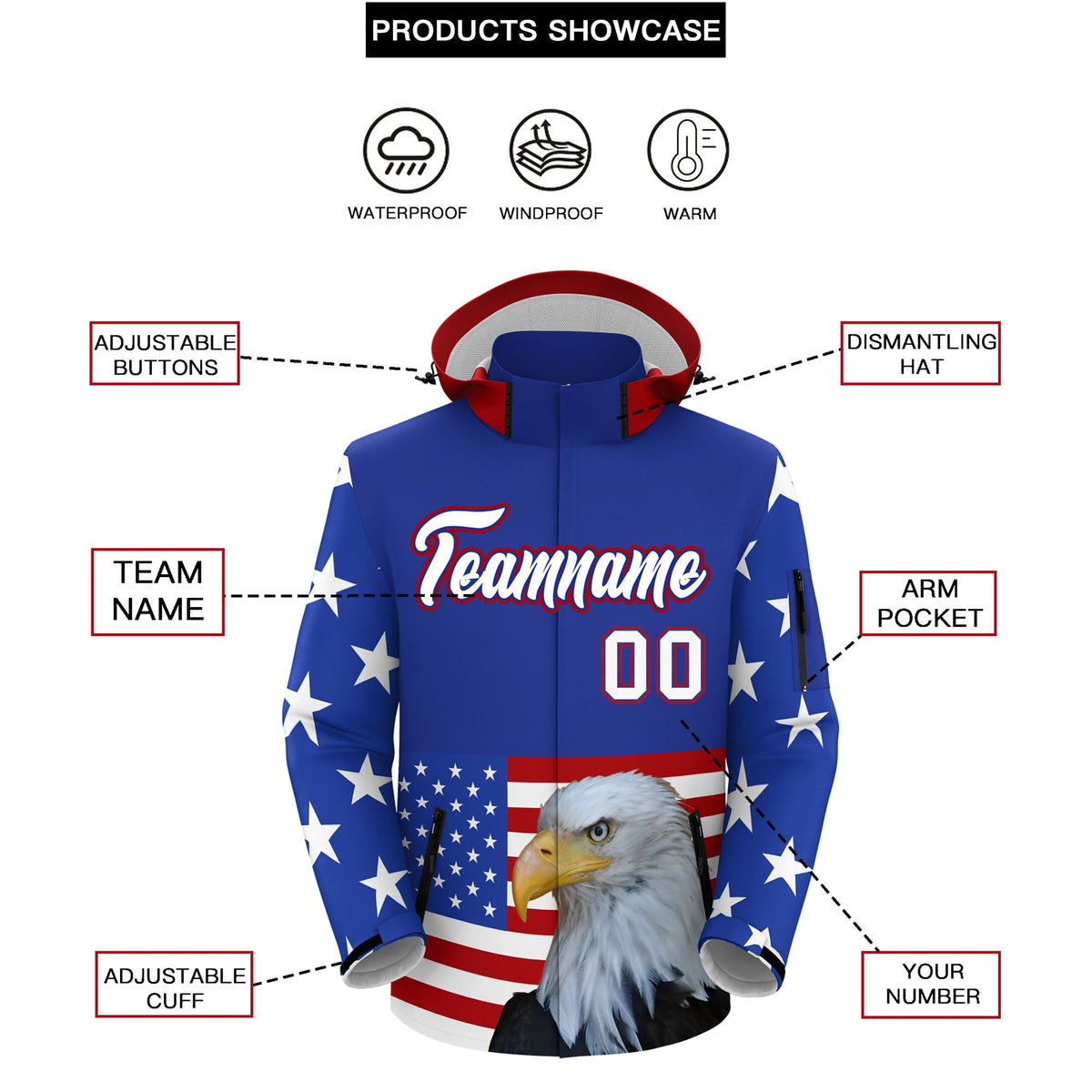 Custom Royal Blue White Independence Day American Flag Waterproof Jacket| KXKSHOP