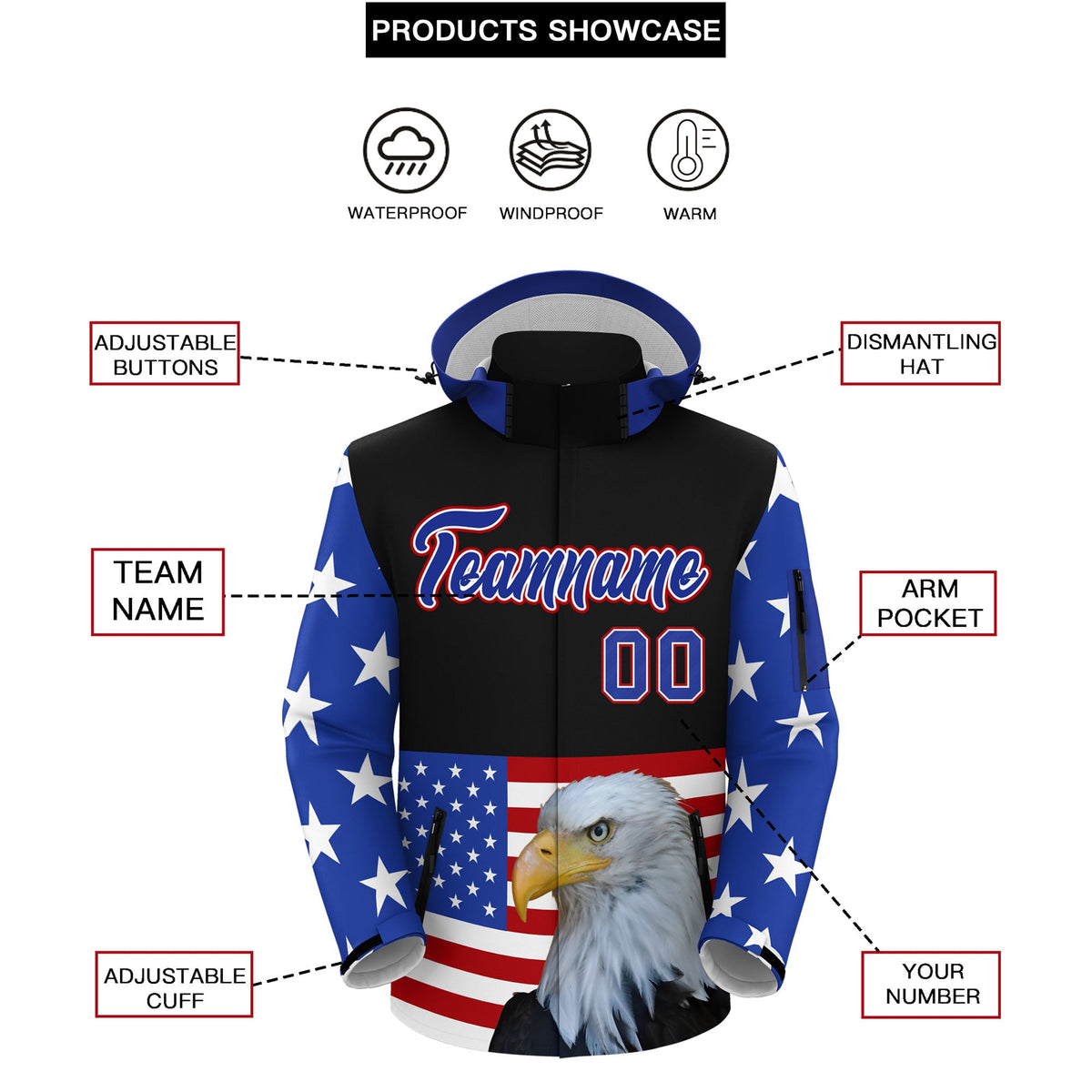 Custom Black White Independence Day American Flag Waterproof Jacket| KXKSHOP