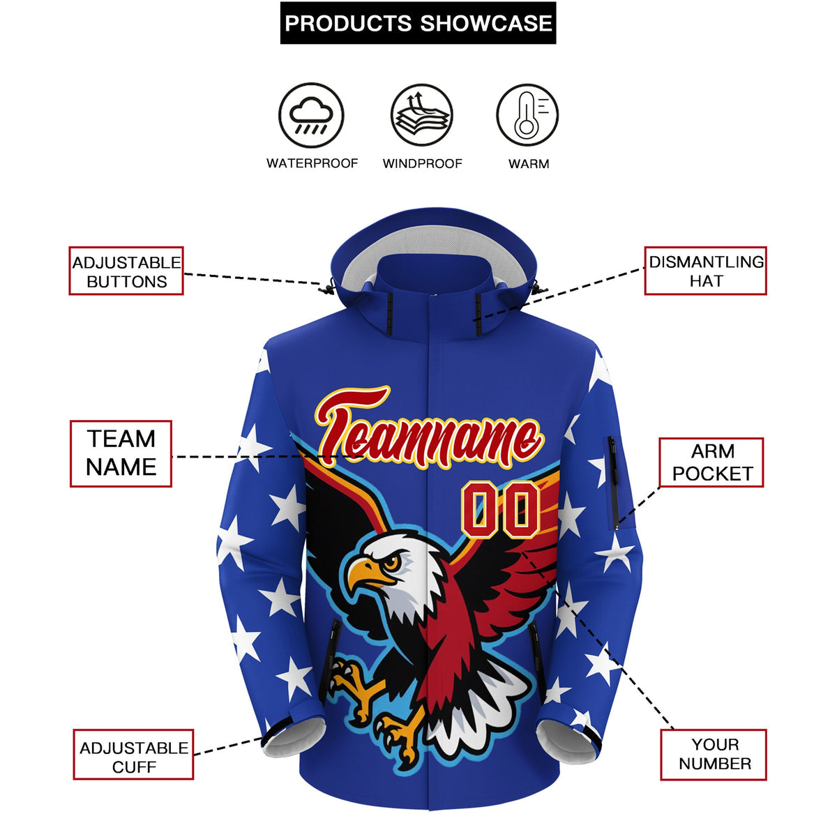Custom Royal Blue White Independence Day American Flag Waterproof Jacket| KXKSHOP