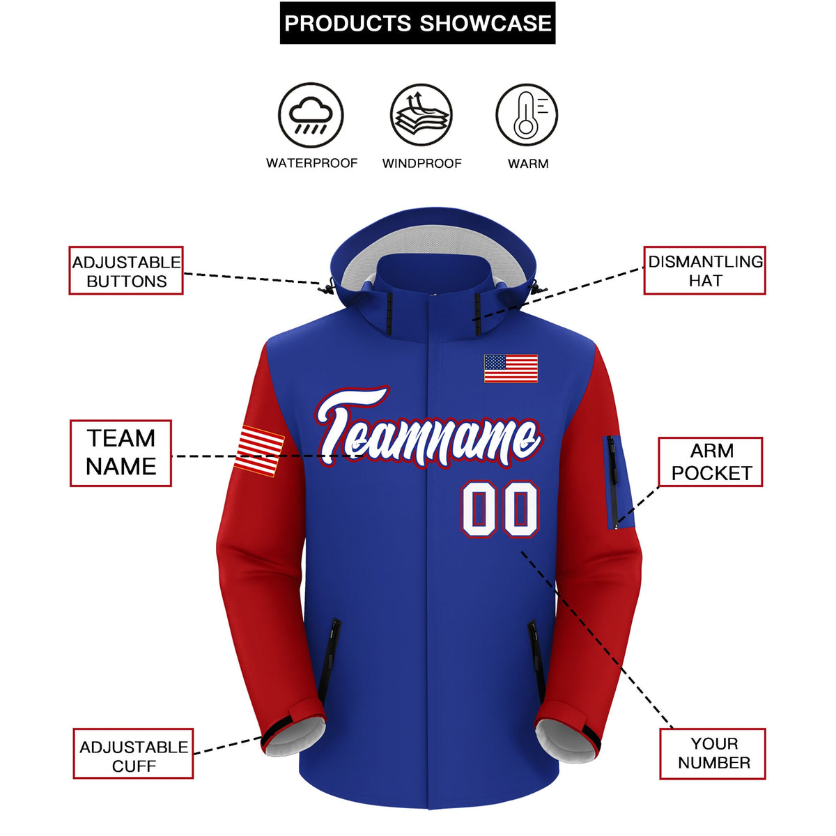 Custom Royal Blue Independence Day American Flag Waterproof Jacket| KXKSHOP