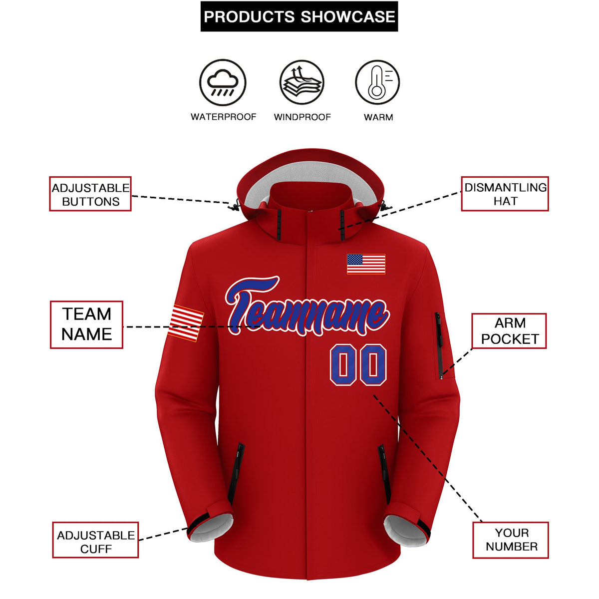 Custom Red Independence Day American Flag Waterproof Jacket| KXKSHOP
