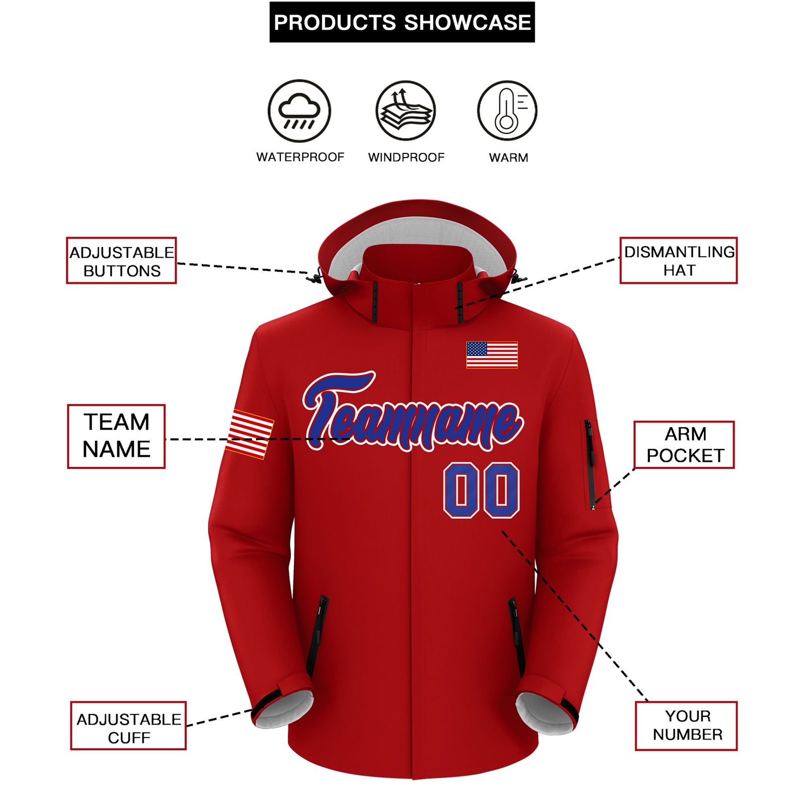 Custom Red Independence Day American Flag Waterproof Jacket| KXKSHOP