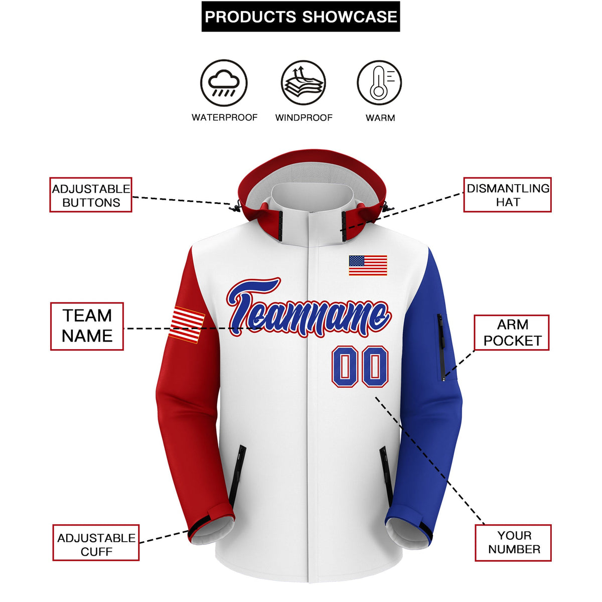 Custom White Royal Blue Independence Day American Flag Waterproof Jacket| KXKSHOP