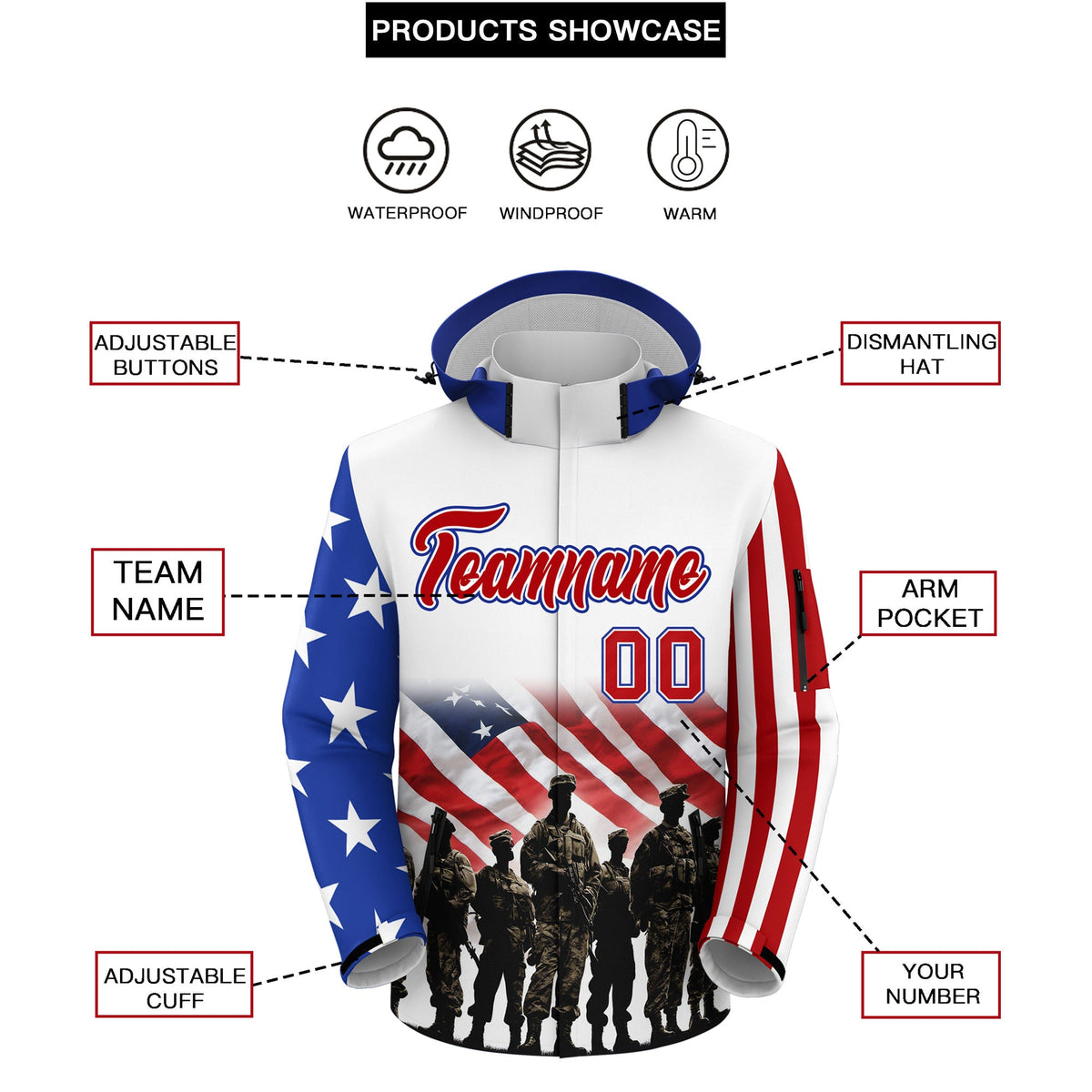 Custom White Red Independence Day American Flag Waterproof Jacket| KXKSHOP