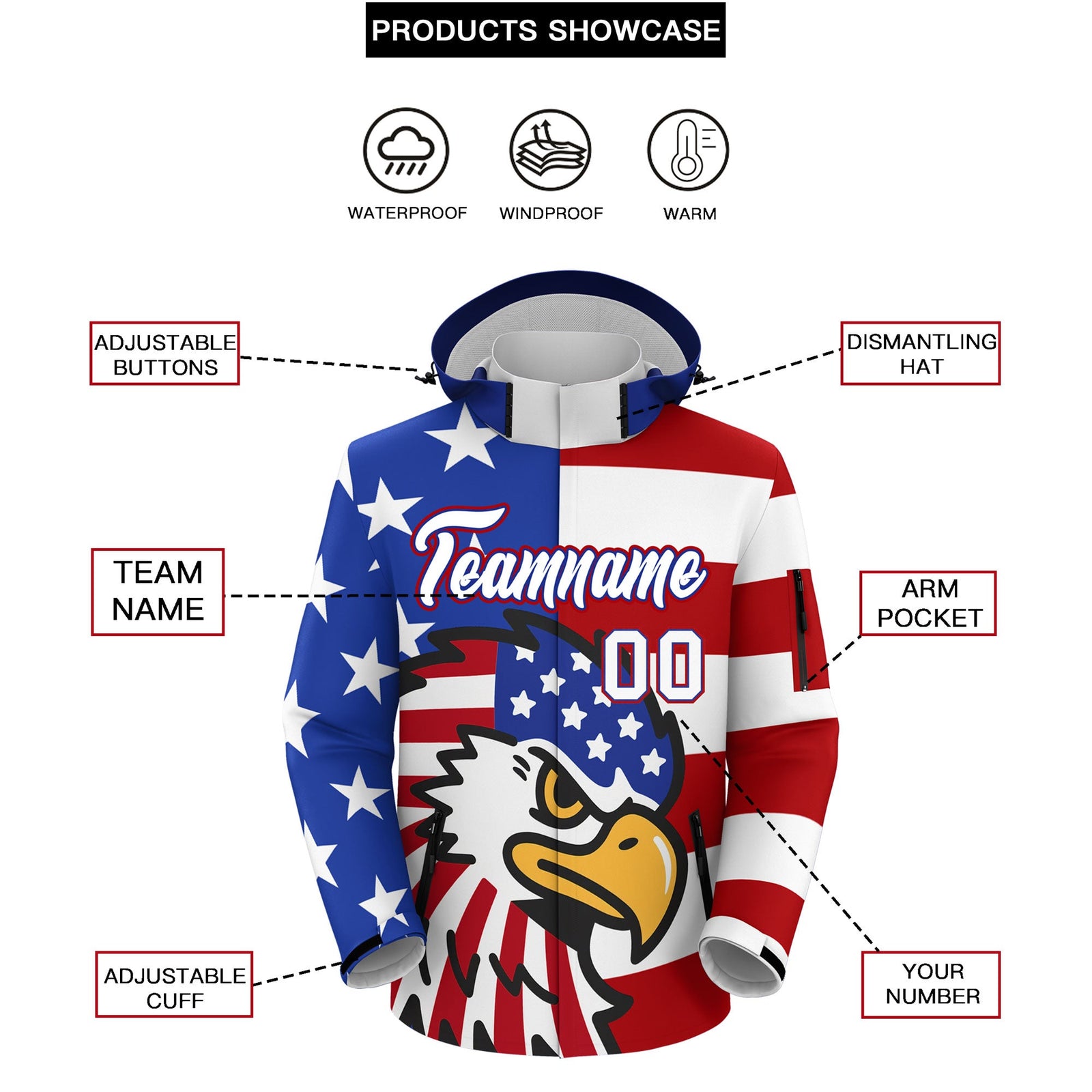 Custom Royal Blue White Red Independence Day American Flag Waterproof Jacket| KXKSHOP