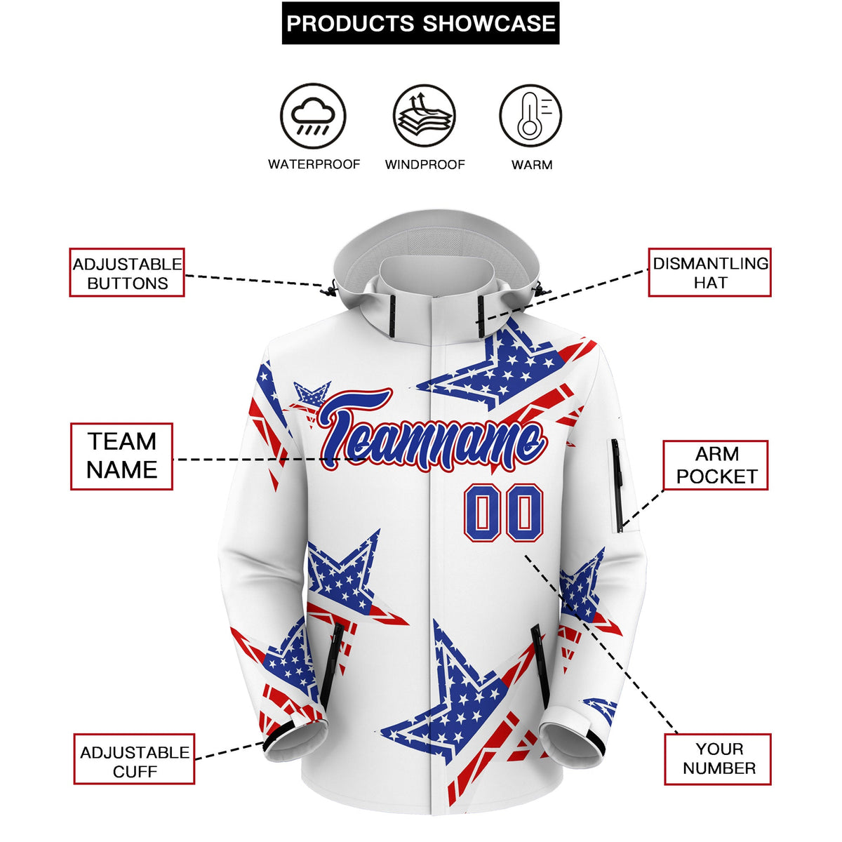 Custom White Royal Blue Red Independence Day American Flag Waterproof Jacket| KXKSHOP