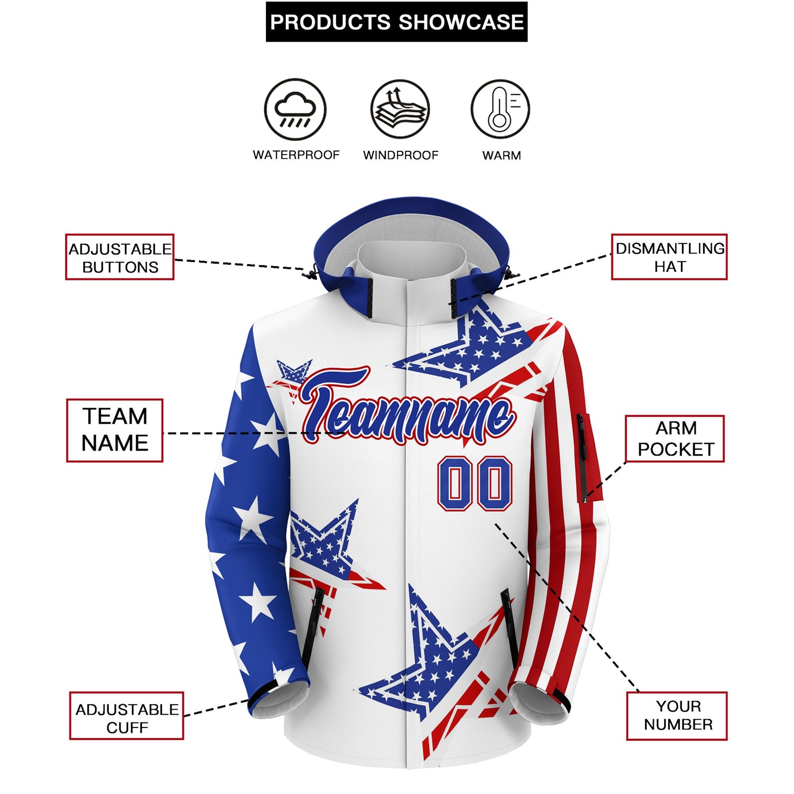 Custom White Royal Blue Red Independence Day American Flag Waterproof Jacket| KXKSHOP