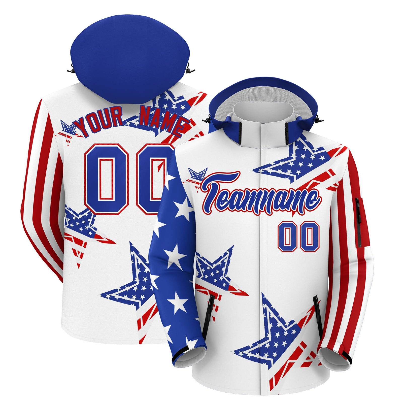 Custom White Royal Blue Red Independence Day American Flag Waterproof Jacket| KXKSHOP