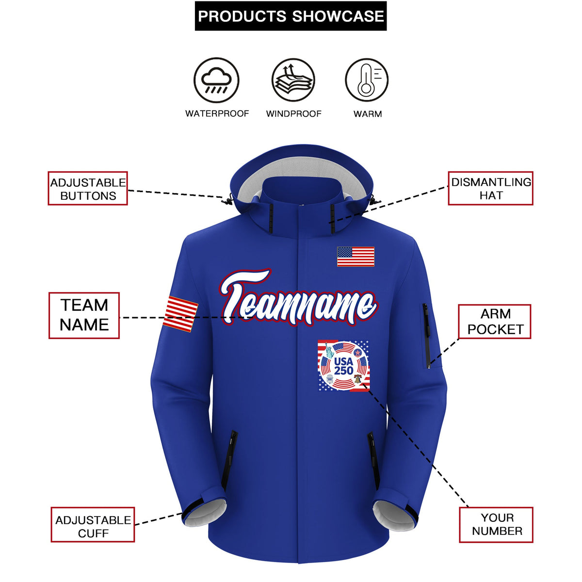 Custom Royal Blue Independence Day American Flag Waterproof Jacket| KXKSHOP