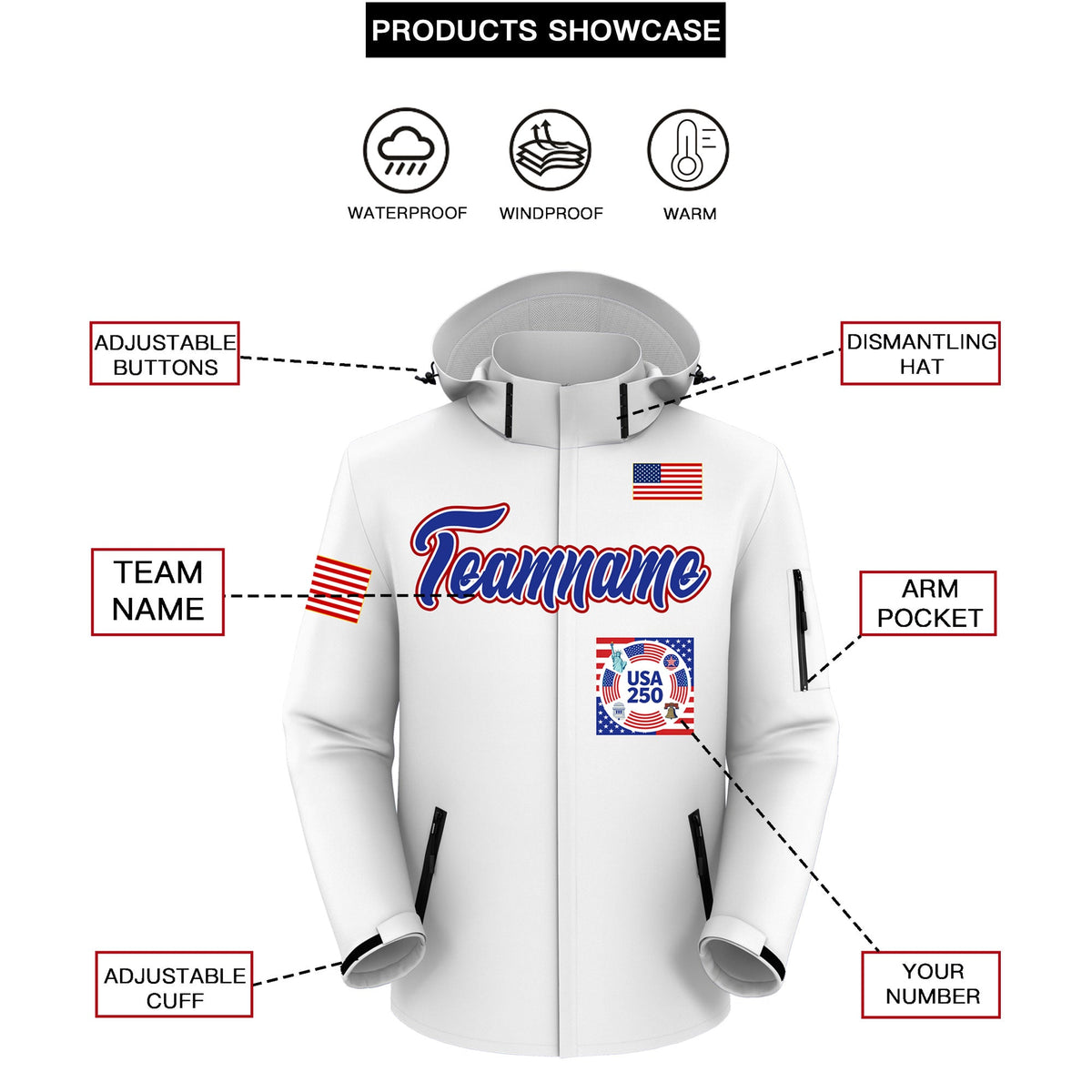 Custom White Independence Day American Flag Waterproof Jacket| KXKSHOP