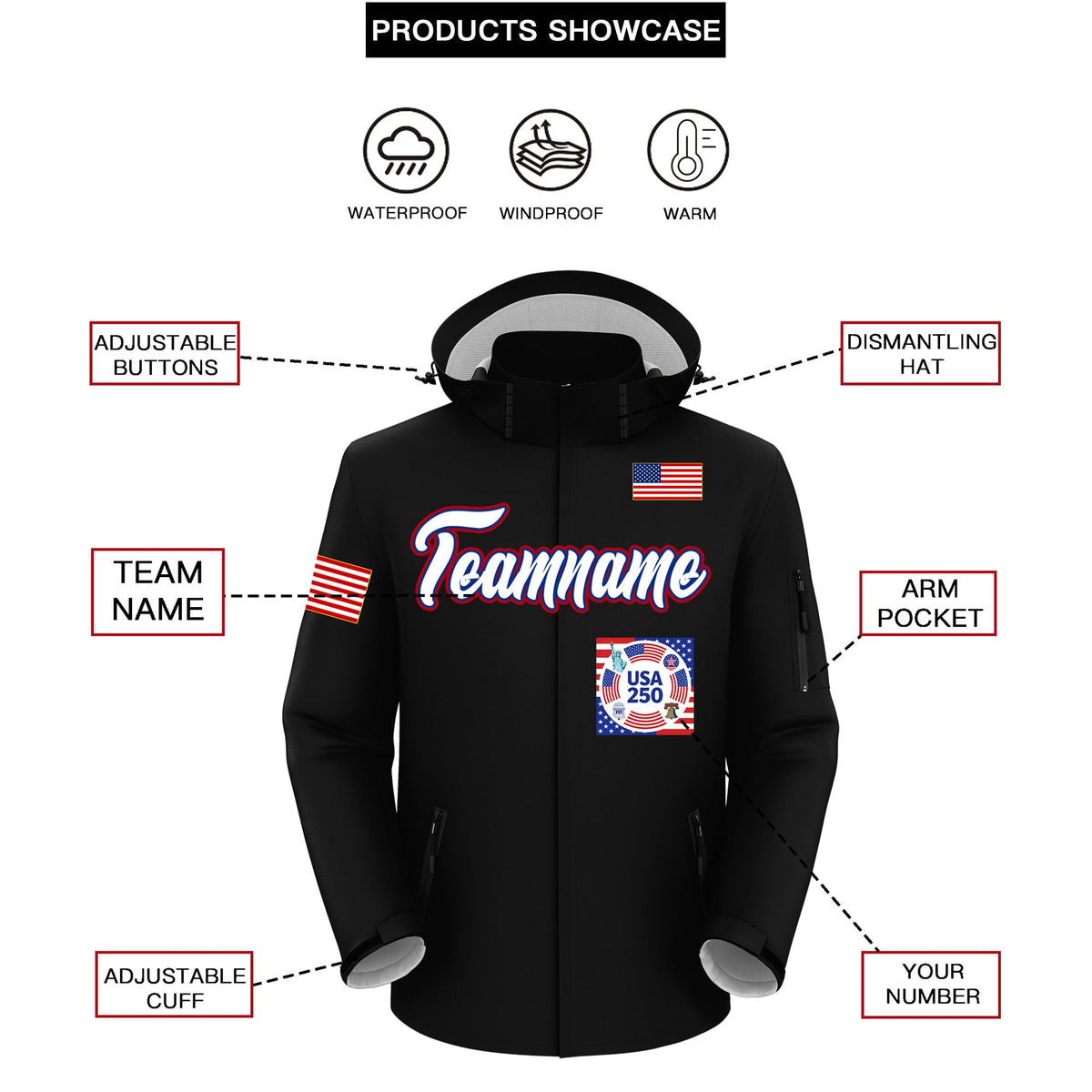 Custom Black Independence Day American Flag Waterproof Jacket| KXKSHOP