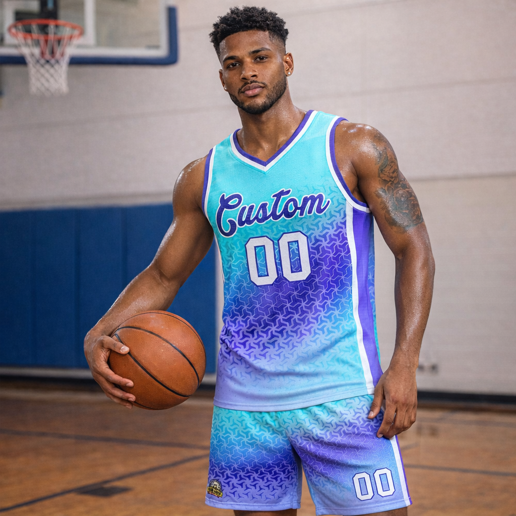 Custom Sky Blue Light Purple Gradient Design Irregular Shapes Pattern Sports Uniform Basketball Jersey