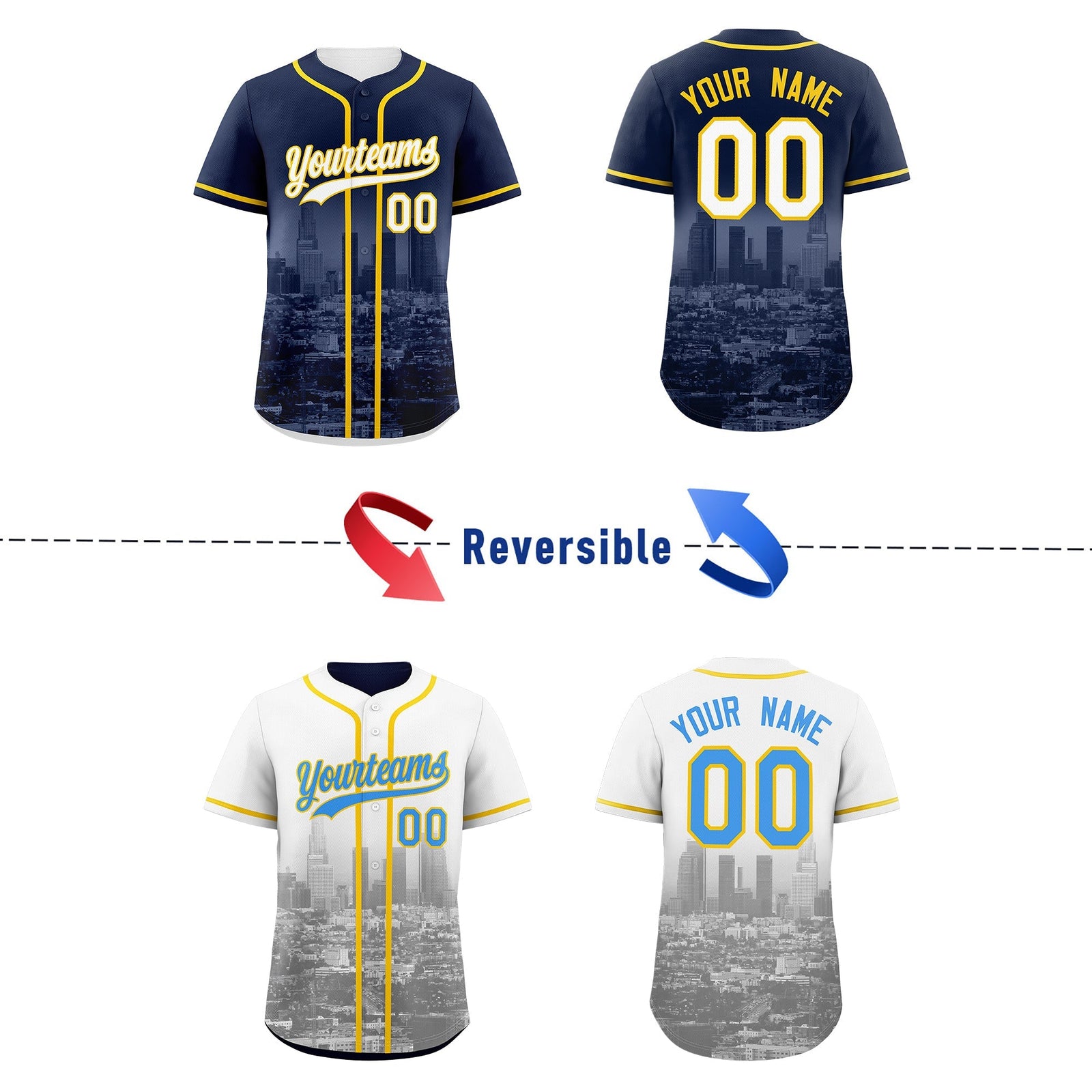 Custom Navy White Gold Reversible City Edition Graffiti Pattern Wrinkle-Resistant Baseball Jersey| KXKSHOP