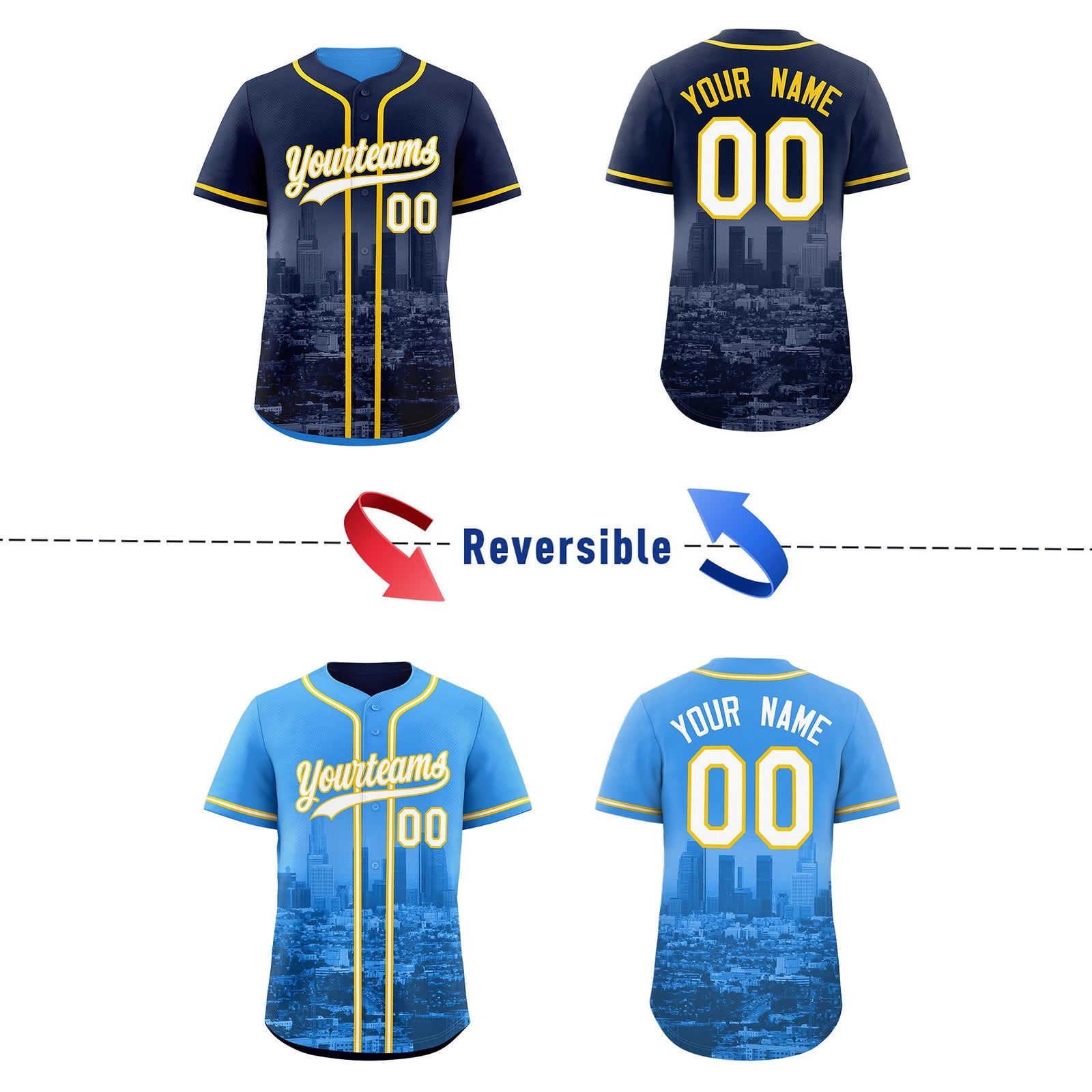 Custom Navy White Gold Reversible City Edition Graffiti Pattern Stretch Fabric Baseball Jersey| KXKSHOP