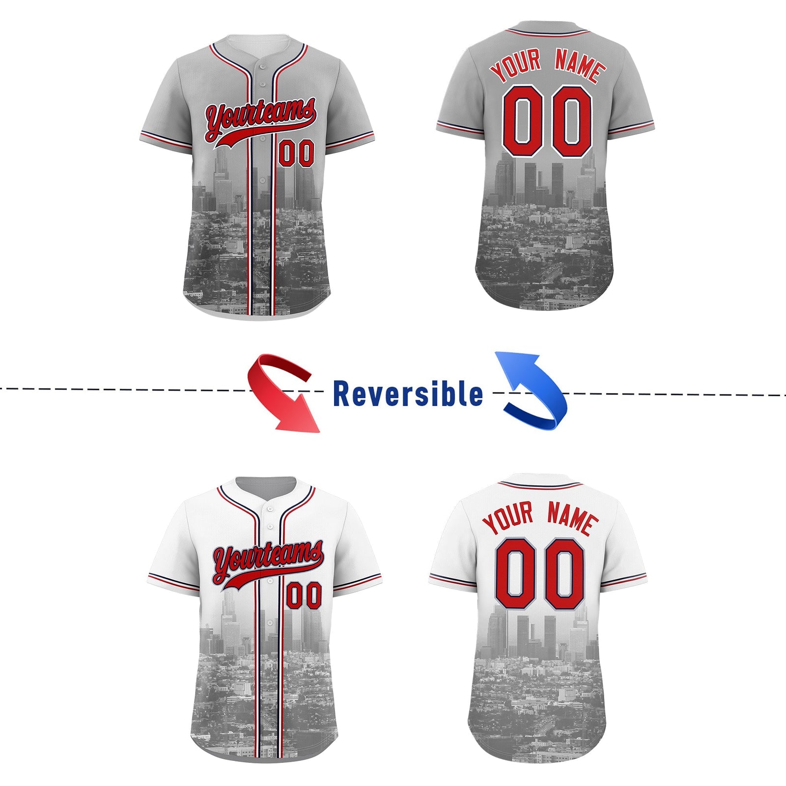 Custom Gray White Red Reversible City Edition Graffiti Pattern Breathable Baseball Jersey| KXKSHOP