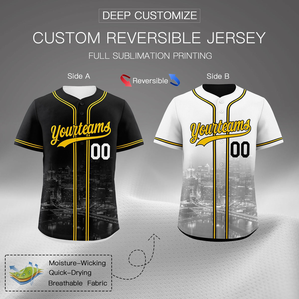 Custom Black White Reversible City Edition Graffiti Pattern Stretch Fabric Baseball Jersey| KXKSHOP