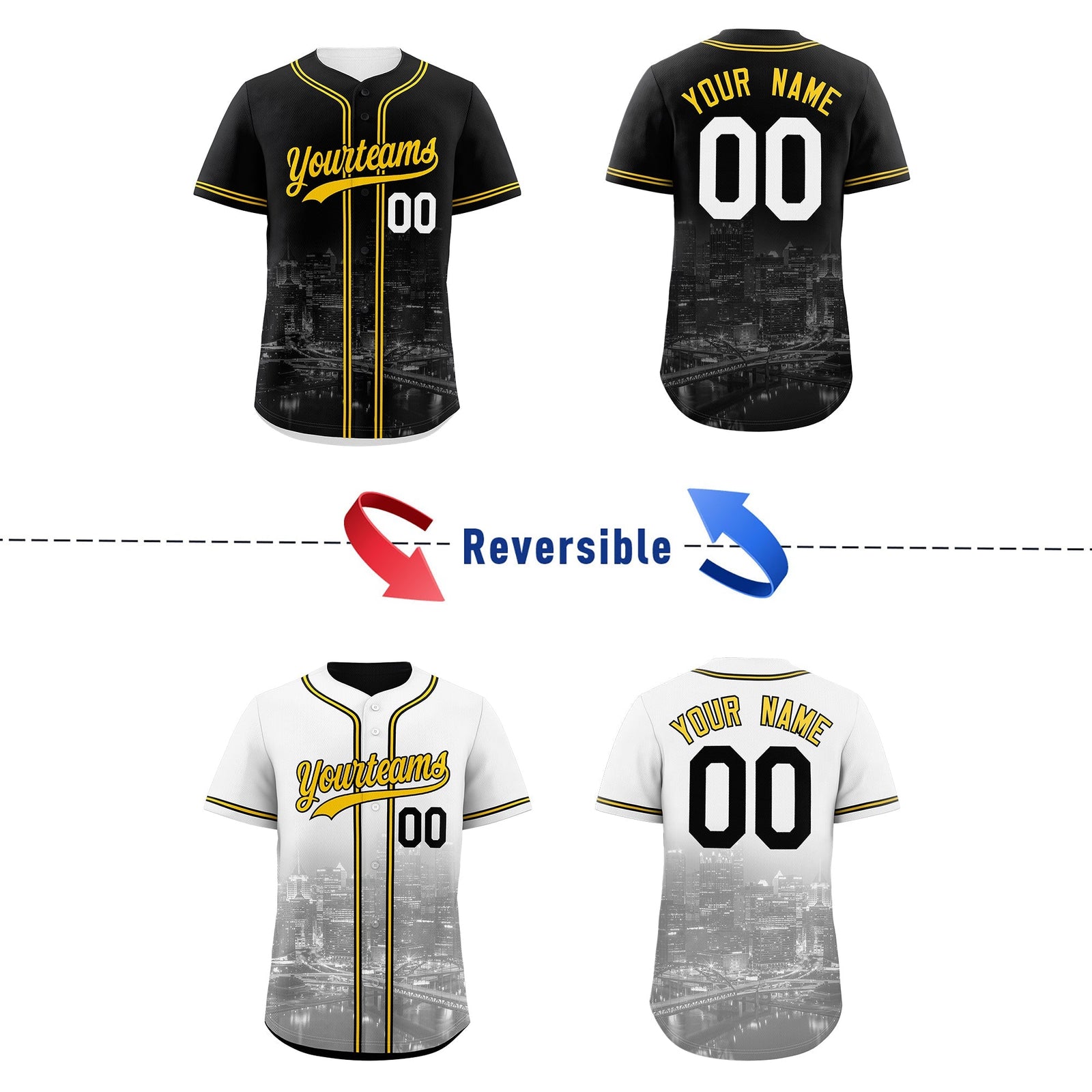 Custom Black White Reversible City Edition Graffiti Pattern Stretch Fabric Baseball Jersey| KXKSHOP