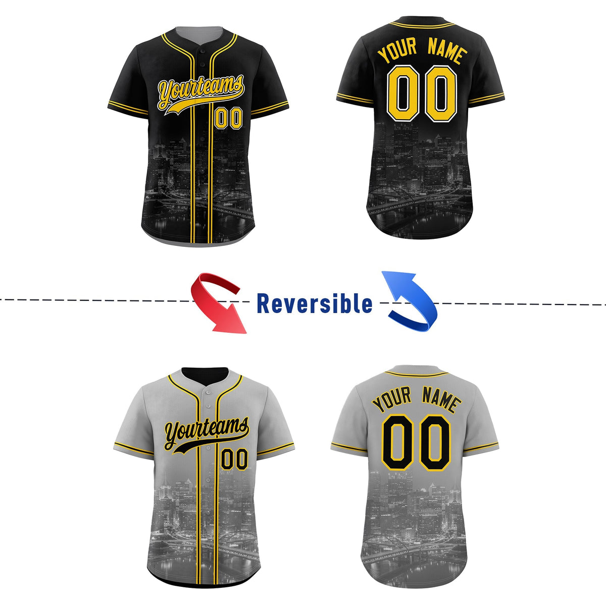 Custom Black Gold Grey Reversible City Edition Graffiti Pattern Breathable Baseball Jersey| KXKSHOP