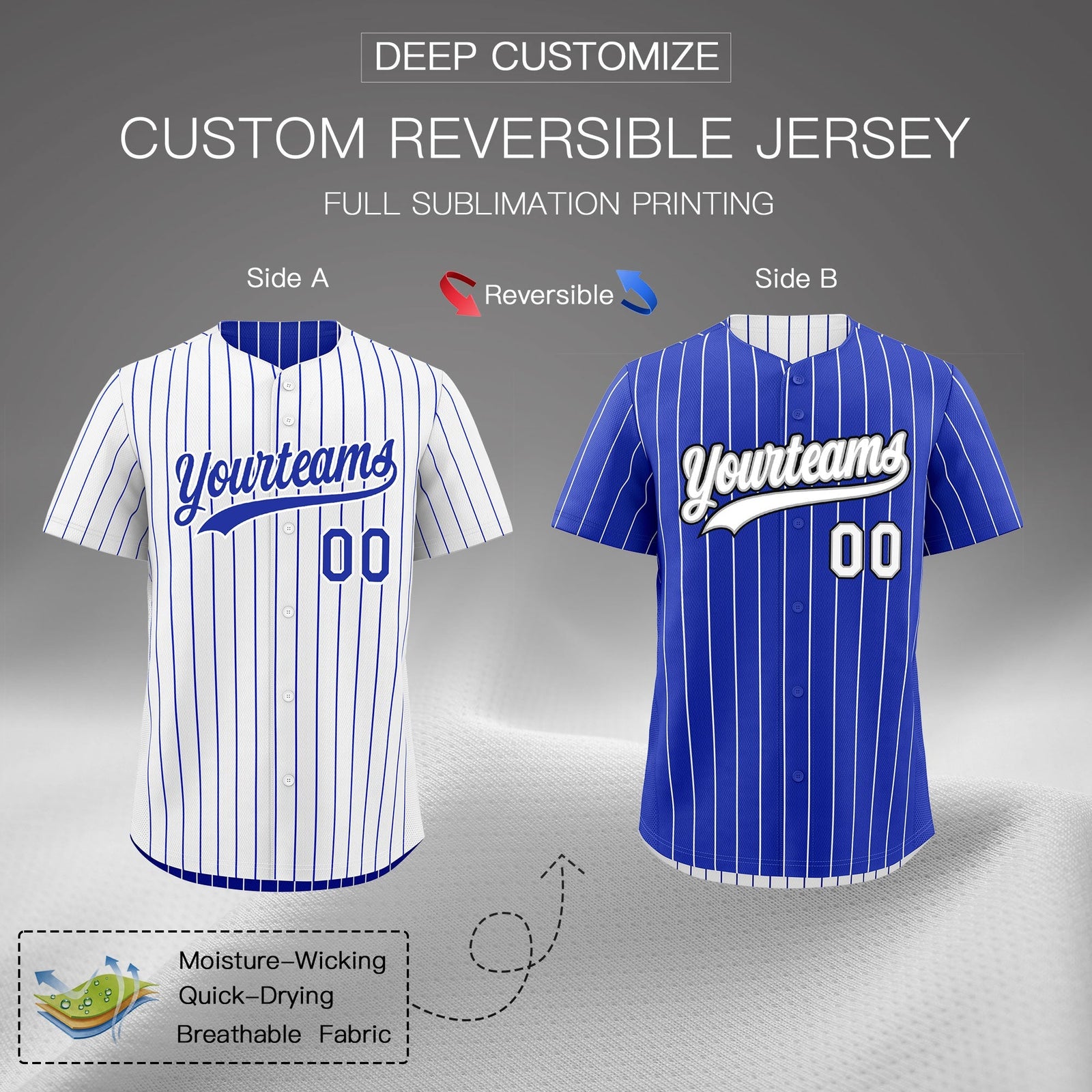 Custom Royal Blue White Black Reversible Stripe Fashion Baseball Jersey| KXKSHOP